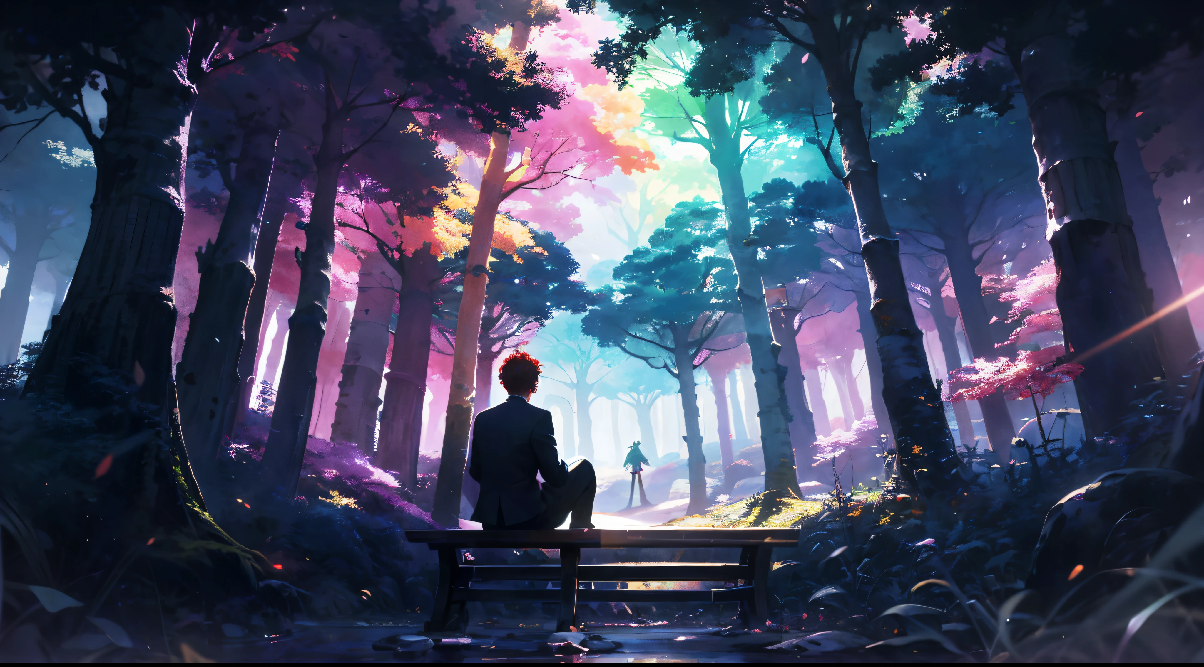 A breathtaking scene unfolds in this mesmerizing illustration by Jen Bartel, where a lone man sits contemplatively on a rustic bench nestled within the heart of a vibrant forest. The atmosphere is nothing short of enchanting, as the entire environment is bathed in the soft glow of a giant purple light.

Jen Bartel's intricate rainbow strokes weave seamlessly through the composition, creating a kaleidoscopic tapestry that transforms the ordinary into the extraordinary. The forest, with its myriad of magical colors, seems to come alive with an otherworldly energy. Each leaf, each tree, radiates a luminescent glow, casting captivating hues that dance in harmony with the gentle breeze.

The concept art is nothing short of stunning, capturing a moment frozen in time where the ordinary and the magical collide. The man on the bench is surrounded by an ethereal ambiance, as if transported to a realm where reality and fantasy intertwine. The rainbow environment is not merely a background; it is a character in itself, narrating a story of wonder and enchantment.

This piece of magical concept art is a testament to Jen Bartel's skill in creating visuals that go beyond the ordinary. The colors, both magical and mesmerizing, draw the viewer into a world where imagination knows no bounds. It's a symphony of magical highlights, where every stroke and shade contributes to the overall brilliance of the composition.

As the man sits amidst this breathtaking environment, one can't help but be transported to a place where the ordinary rules of nature are suspended, and the extraordinary takes center stage. This is more than just concept art; it's a portal into a realm of boundless creativity, inviting the viewer to explore the limitless possibilities of a world where stunning atmospheres and magical colors reign supreme.