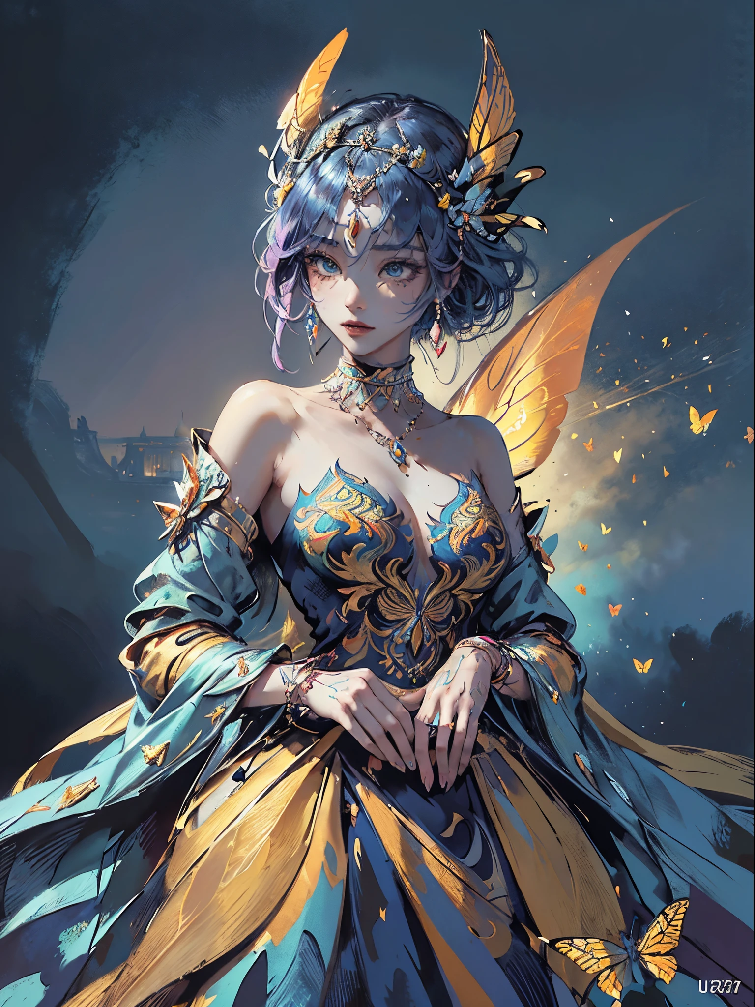 Butterfly motif、Orange and indigo keynotes、Vibrant colors、((​masterpiece)))、(((top-quality)))、((ultra-detailliert))、(A hyper-realistic)、(highly detailed CGillustration）、Official art、Rome at the beginning of the 20th century、Decadent、Madame Papillon、Cool Beauty、Masquerade、refinement、Elegance、Gorgeous、Masks that cover most of the face、Colorful and detailed mask design、matchless beauty、Fans、gorgeous dress、jewely、Female Solo、Perfect Angle、perfect-composition、full body Esbian