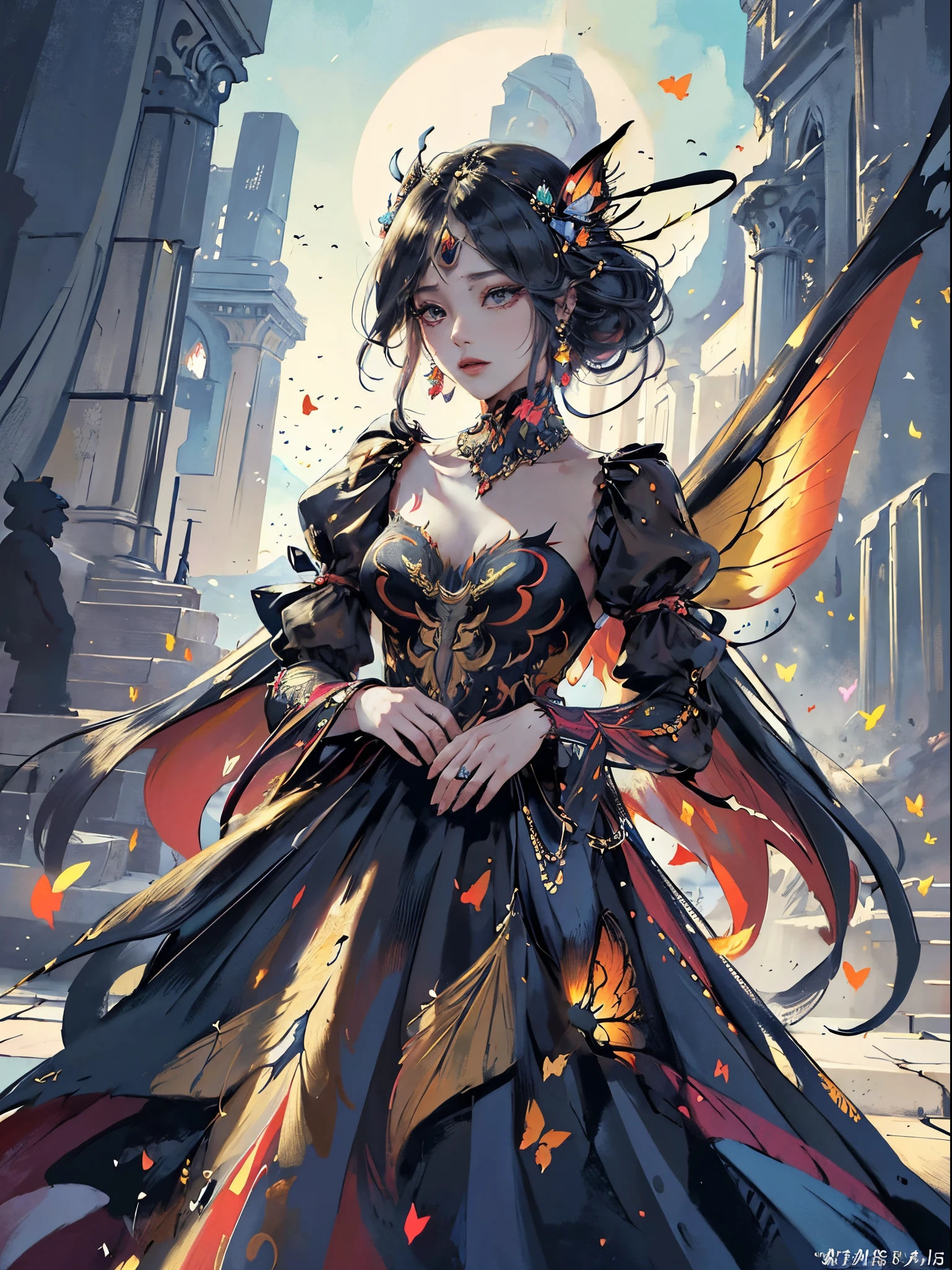 erfly motif、red and black keynotes、Vibrant colors、((masterpiece)))、(((top-quality)))、((ultra-detailliert))、(A hyper-realistic)、(highly detailed CGillustration)、Official art、Rome at the beginning of the 20th century、Decadent、Madame Papillon、Cool Beauty、Masquerade、refinement、Elegance、Gorgeous、Masks that cover most of the face、Colorful and detailed mask design、matchless beauty、Fans、gorgeous dress、jewely、Female Solo、Perfect Angle、perfect-composition、full body Esbian