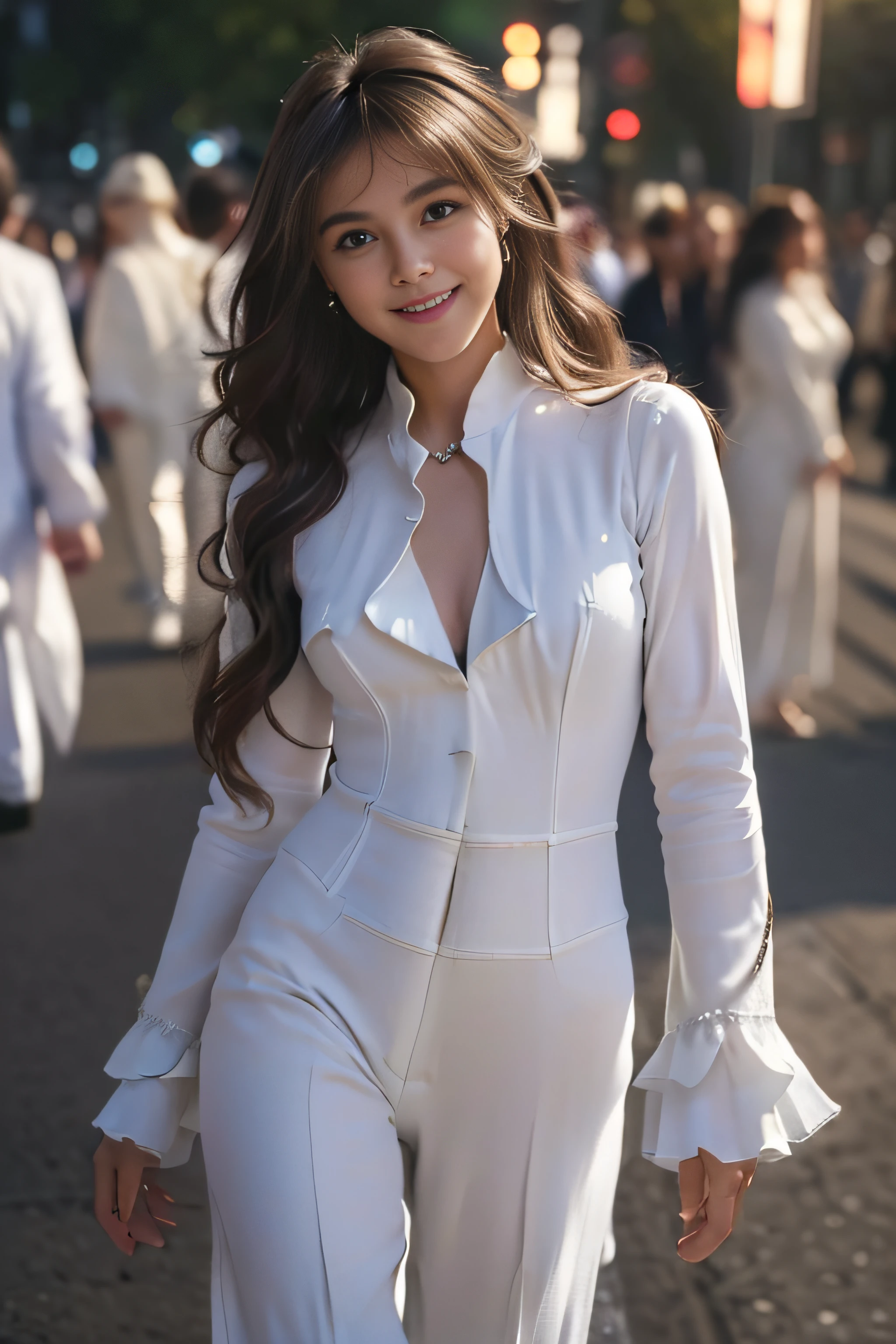 ((beautiful a girl:1.3))((white long sleeve pantsuit＿White pumps:1.4))((In the street_In the crowd:1.2)),((Thin_fabric:1.4))((Walking towards us:1.3))((with a flushed face:1.4))((breasts of medium size,:1.2))((close-up:1.2)) Best Quality,masutepiece,超A high resolution,(Photorealistic:1.4),Raw photo,(Authentic skin texture:1.3),(Film grain:1.3),the panorama,Character Portrait,Very Wide Shot,Narrow waist,Cowboy Shot,(In the Dark, deepshadow, lowkey, cold light,) Night,(()),Streaming Tears,,Dust,Tindall Effect,(expression),1girl in,beautiful detailed eyes and face,White Jabot,Brown eyes,((Brown-colored super long hair:1.2)),((Loosely curled hair:1.2)) ((Full body:1.3)) ((Little smile:1.3))