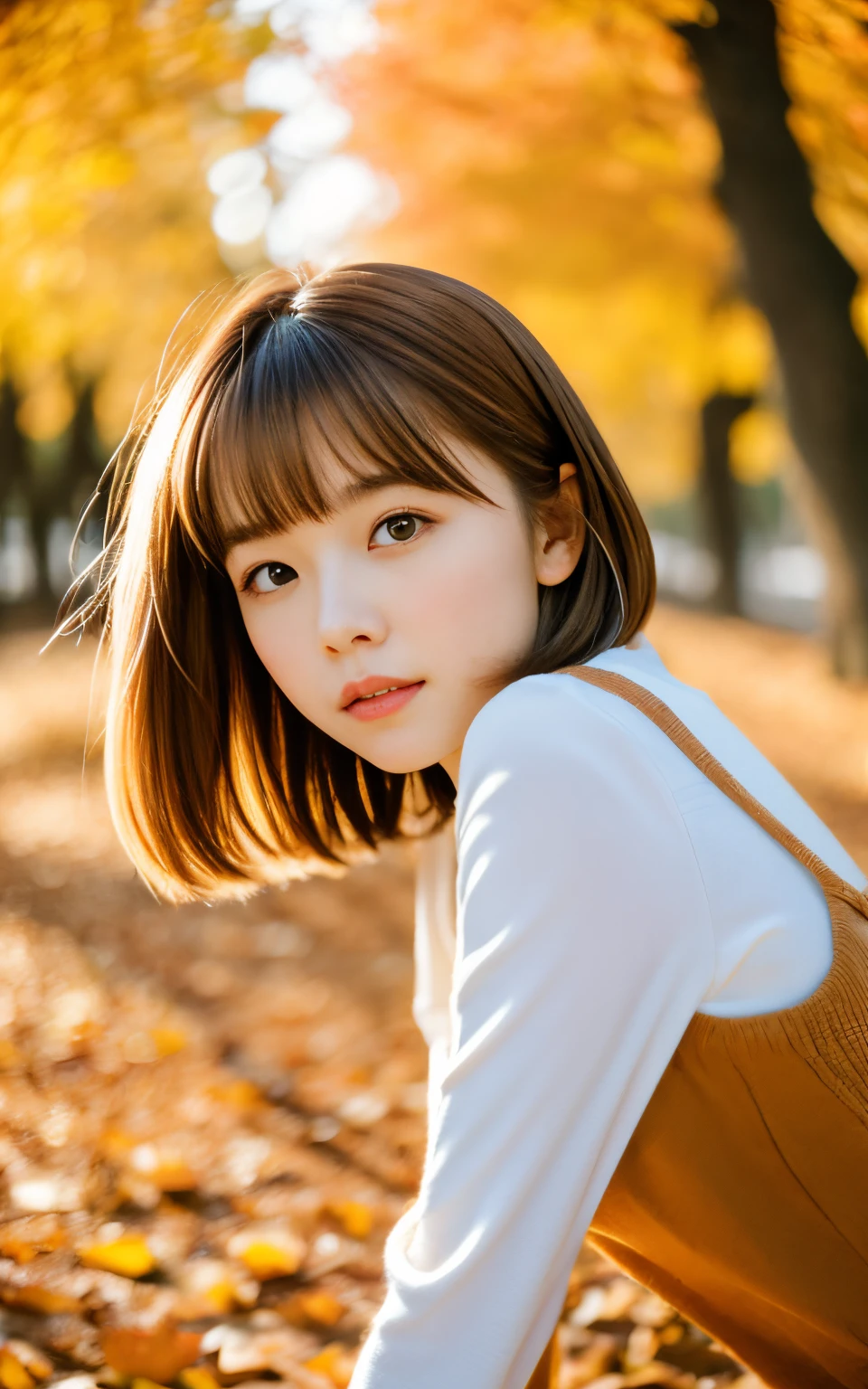 masutepiece, Best Quality, 8K, 1 girl, in autumn, Tree-lined avenue of autumn leaves, out of focus, 18 yo, medium breasts, Mouth slightly open, cute little, Solo, sad, Clothes that look good in autumn, Cute, Girly, Delicate girl, Neat and clean beauty, Raw photo, Professional Photography, Portrait, Soft light, Professional Lighting, Back lighting, Upper body, see the beholder, Sophisticated, Film grain, (Eyes and faces with detailed:1.0), Short hair swaying in the wind, beautiful flowing brown hair, Bangs