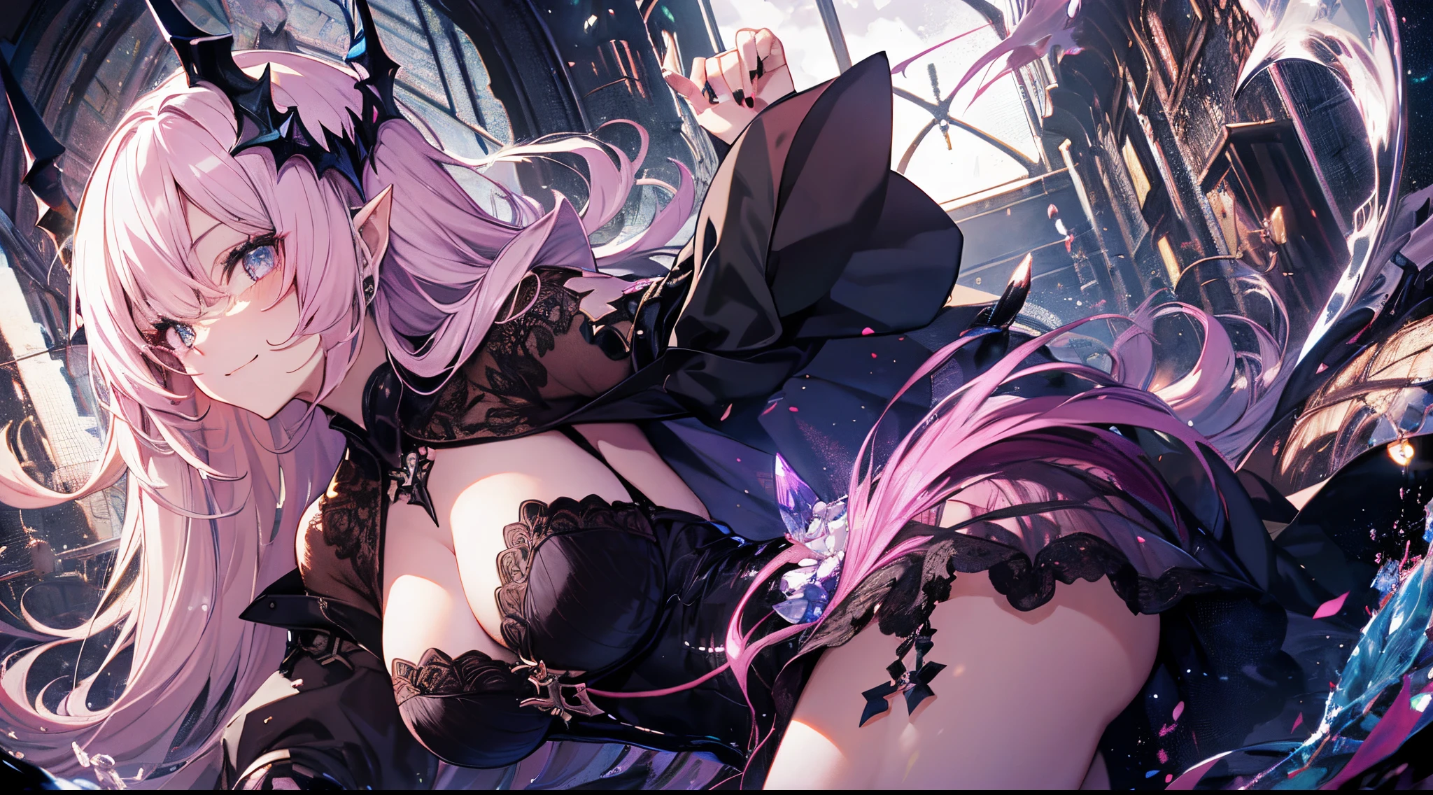 （（tmasterpiece：1.4，Best quality））+，（hyper-detailing）+，（Ultra-detailed eyes）+，（pointy ears：1.5），
（cute girls），ar old，（pink student：1.15），（Long pale pink hair，long braid，Bushy hair:1.5），（wariza：1.2），pale-skinned，seduct smile，black crystal block，God of darkness&#39;Fe，vacant eyes，Red crystal on forehead，Dragon tail，half closed eye，black crown，White Bone Throne，dead tree
（She was wearing a shabby pink dress，grey dress，bone pattern，：1.5），（black Bracelet：1.4）The sleeves are extra-long，black spiked headdress，baiyun，white colossus，Dream bubbles，black fingernails，red apple，Lift up the skirt，tear pattern，metal chains，White skeleton,
（Demon Maiden：1.1），
（dawn light：1.2），
（Thick black and white：1.16），（depth of fields：1.4），Complicated details，color mixing，Detailed route，Excellent,super detailing,The content is very detailed,(hight contrast:1.11),ventania,Amazing cleavage,beautidful eyes,messy  hair,(best illuminate，Extremely Delicately Beautiful), ((movie light lighting)), (seen from the side:1.3)，8K,tmasterpiece，Best quality，cinematic Film still from，1 plump girl，（Close-up cleavage：1.1），bright，Interesting，gentlesoftlighting，（bauhause，shape，line engineering，Abstract：1.1）offcial art， Unity 8k壁纸， ultra - detailed， Beautiful and beautiful， tmasterpiece， Best quality， （dynamic angle：1.4），Perfect NwsjMajic，（tmasterpiece，top-quality，Best quality，offcial art，Beauty and aesthetics：1.2），The content is very detailed，rich colourful，highest details，