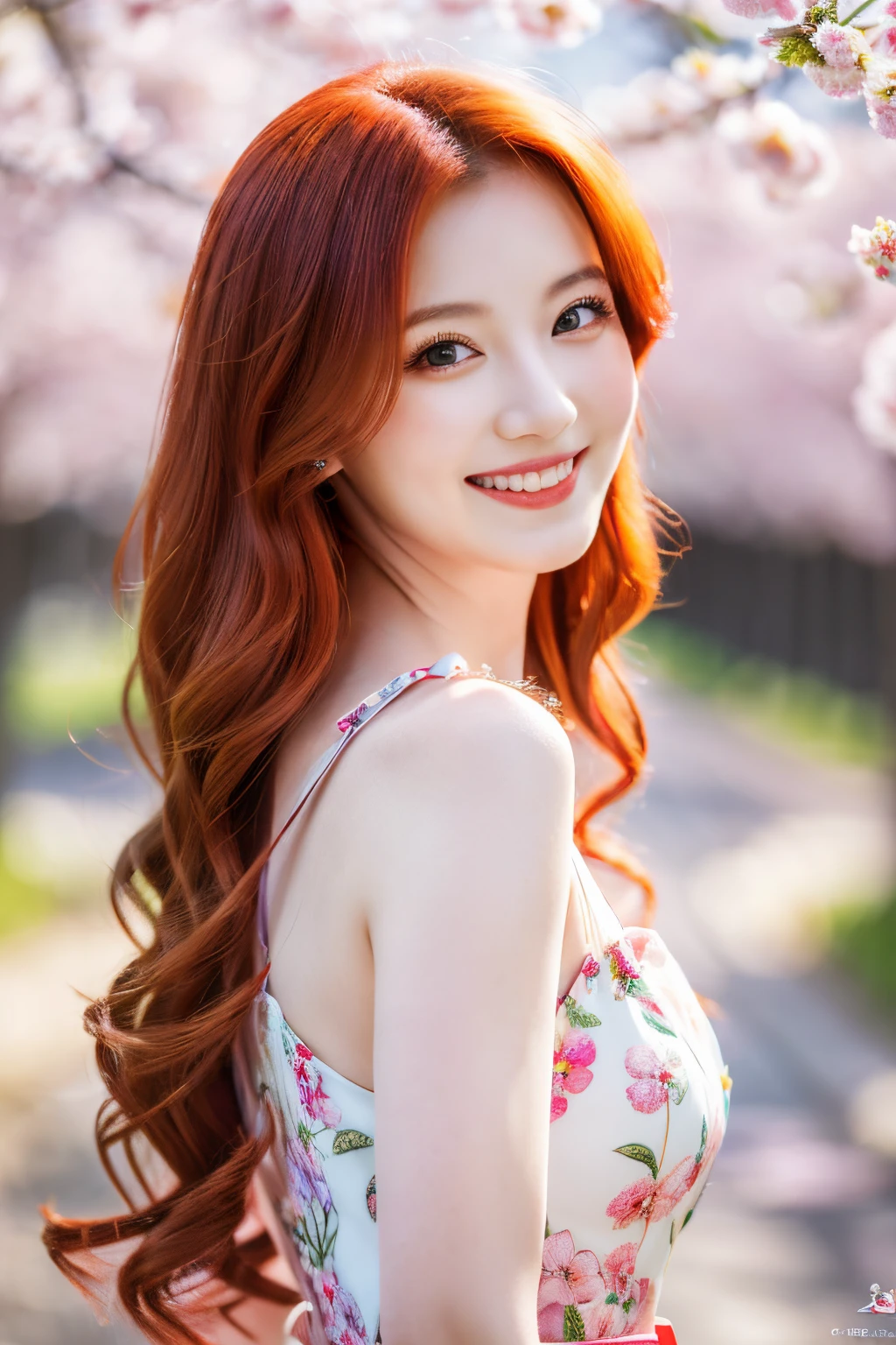 beautiful red-haired woman, Japanese, smiling, wearing a dress, elegant, tall, clear, (best quality,4k,highres,masterpiece:1.2), ultra-detailed, (realistic,photorealistic:1.37), vivid colors, HDR, soft lighting, portraits, cherry blossom.