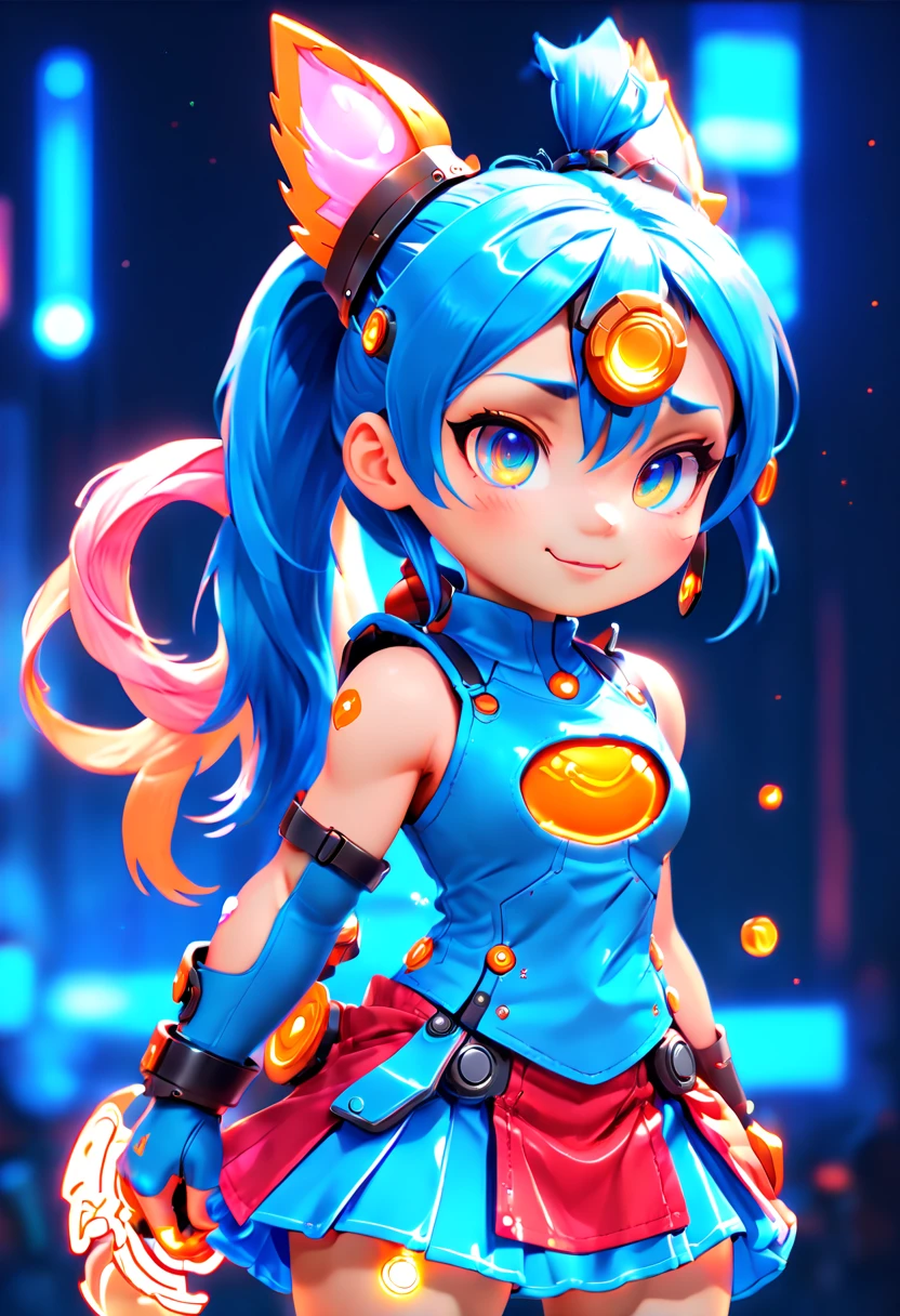 Jinx1024, Game character design,3D character rendering,(((Vector illustration style))),League of Legends Jinx,((1girl,(Blue double ponytail: 1.5),Blue braids,Red eyes,big laughter,future warrior,(Pink mechanical skirt: 1.3),(A luminous magazine is tied around the waist: 1.2),Decorated with luminous lines and rivets,With streamer effect or LED light embellishment,Hand holding laser cannon、Ion cannon or pulse cannon)),((hair design:Brilliant deep blue,Add some glowing elements,Futuristic headgear such as orange photoelectric glasses or head-mounted display)),((Expression design:Add some glowing lines or orange LED light effects to the facial decoration,Design different facial expressions,Highlight the image of future warriors)),(action design:On the move、When releasing a skill or attacking,Add some special effects and animations,Highlight the sense of future and combat),((Special effects design:Add cool orange light effects、Electromagnetic wave effect or virtual interface,Enhance the visual impact of skin)), (((standing on your feet,Metal heels: 1.8, Glowing lines or orange LED light effect))), (full body shot of: 1.5),jinx (league of legends),((starryskybackground,simplebackground)), MECHA-WINGS, art by mooncryptowow, (pov, first-person view, Ghibli-like colours, Luminism, cinematic lighting, UHD, masterpiece, ccurate, anatomically correct, textured skin, super detail, high details, high quality, award winning, best quality, 16k), Pop Mart blind box, 3Drenderingof,hairy pubic