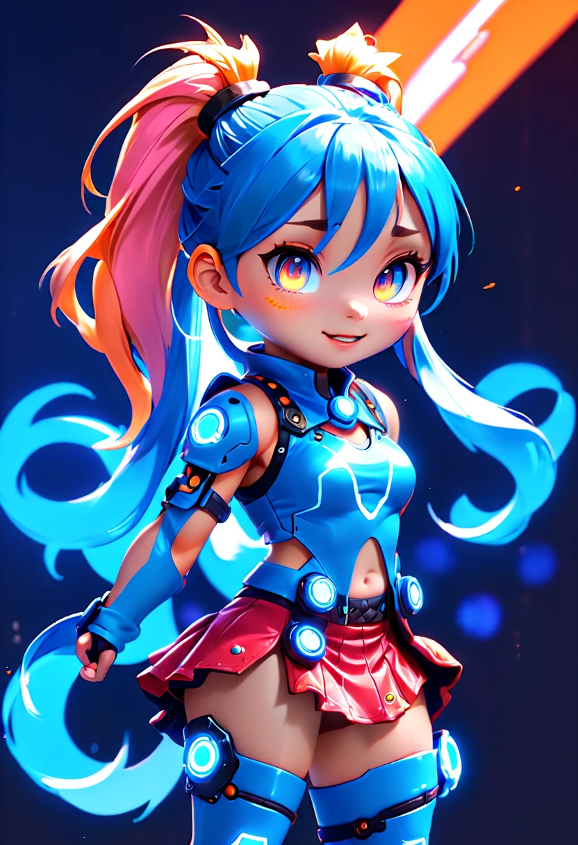 Jinx1024, Game character design,3D character rendering,(((Vector illustration style))),League of Legends Jinx,((1girl,(Blue double ponytail: 1.5),Blue braids,Red eyes,big laughter,future warrior,(Pink mechanical skirt: 1.3),(A luminous magazine is tied around the waist: 1.2),Decorated with luminous lines and rivets,With streamer effect or LED light embellishment,Hand holding laser cannon、Ion cannon or pulse cannon)),((hair design:Brilliant deep blue,Add some glowing elements,Futuristic headgear such as orange photoelectric glasses or head-mounted display)),((Expression design:Add some glowing lines or orange LED light effects to the facial decoration,Design different facial expressions,Highlight the image of future warriors)),(action design:On the move、When releasing a skill or attacking,Add some special effects and animations,Highlight the sense of future and combat),((Special effects design:Add cool orange light effects、Electromagnetic wave effect or virtual interface,Enhance the visual impact of skin)), (((standing on your feet,Metal heels: 1.8, Glowing lines or orange LED light effect))), (full body shot of: 1.5),jinx (league of legends),((starryskybackground,simplebackground)), MECHA-WINGS, art by mooncryptowow, (pov, first-person view, Ghibli-like colours, Luminism, cinematic lighting, UHD, masterpiece, ccurate, anatomically correct, textured skin, super detail, high details, high quality, award winning, best quality, 16k), Pop Mart blind box, 3Drenderingof,hairy pubic