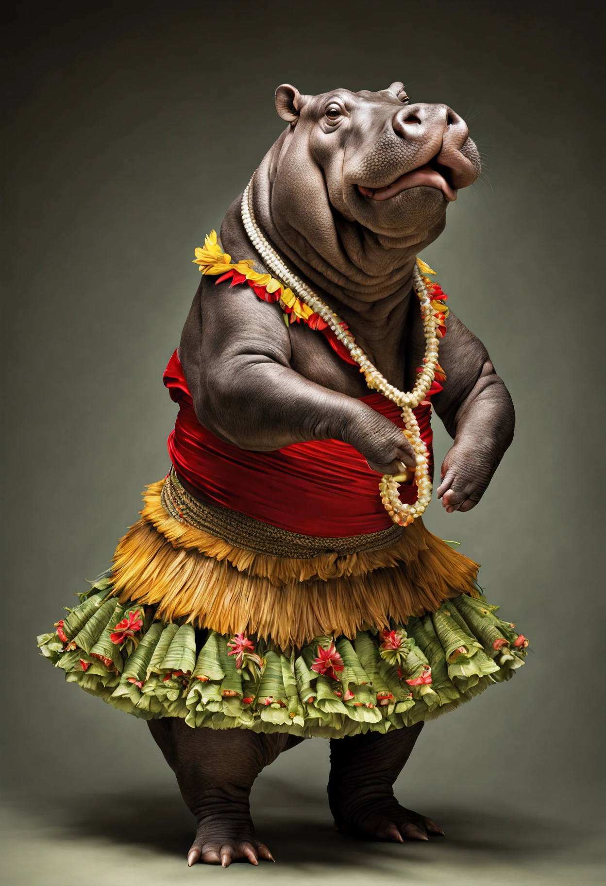 photorealistic portait of Dressed animals - a hippopotamus hula dancer, high quality, highly detailed, studio lighting,