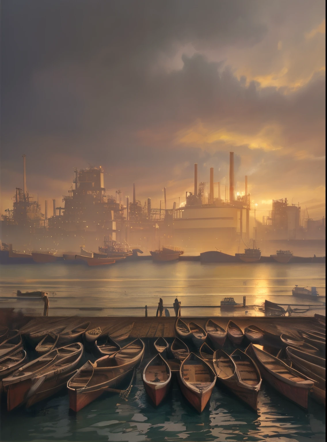 In the morning with beautiful blue skies and golden sunlight, boats are lined up on the beach near a factory, chemical plant, industrial colours, industrial setting, by Ni Yuanlu, The small ship is docked at the side of the chemical fertilizer factory, and the service vessel is docked at the coast, in a sci-fi shipping port, industrial background, port scene background, industrial photography, by Yi Jaegwan, by Shitao, oil digital painting, by Han Gan, surreal scene, beautiful oil matte painting, beautiful