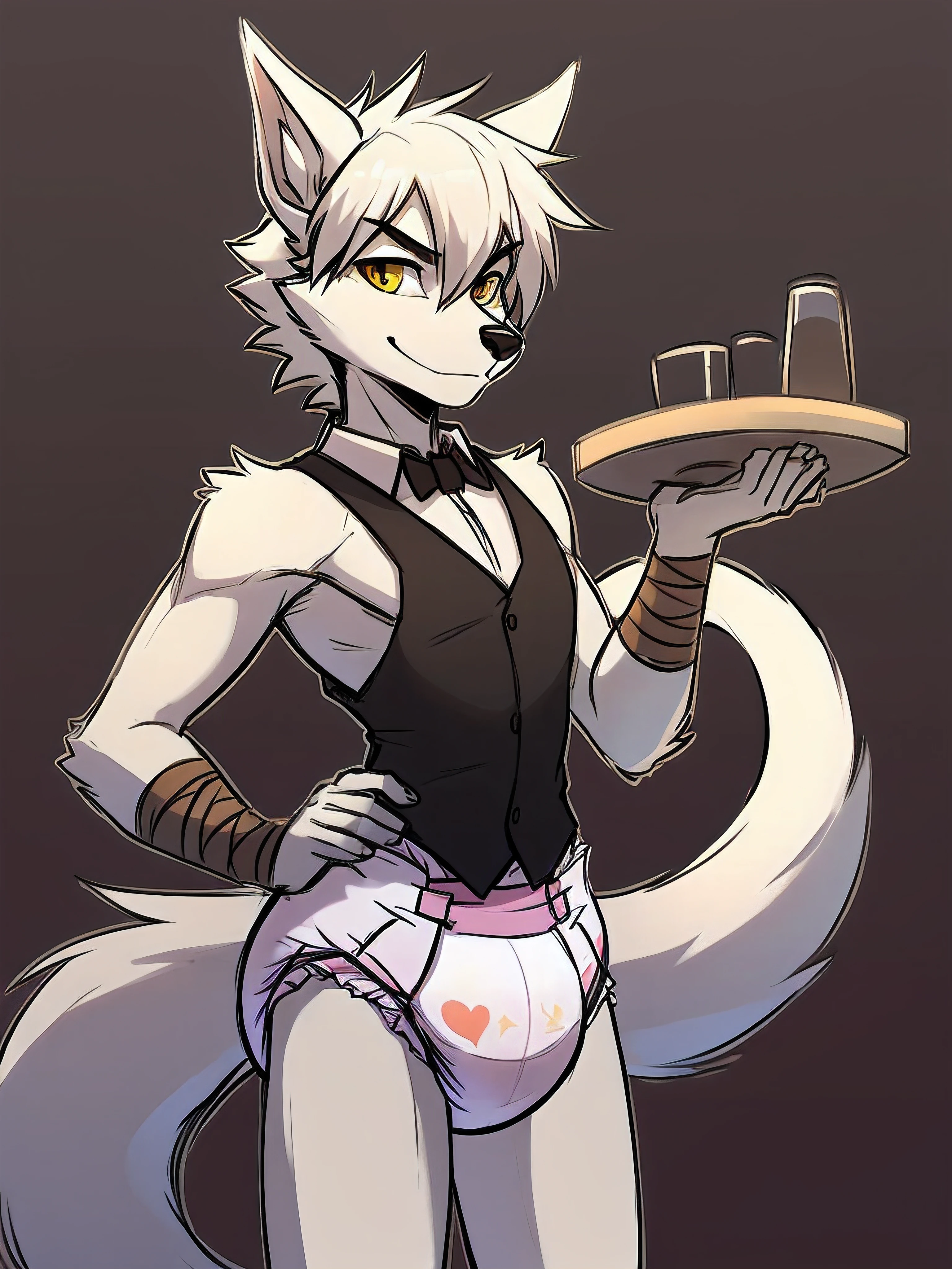 male, arctic wolf, detailed yellow eyes, long tail, bartender, slim, sly, simple background, detailed plain white diaper, diaper with 4 tapes