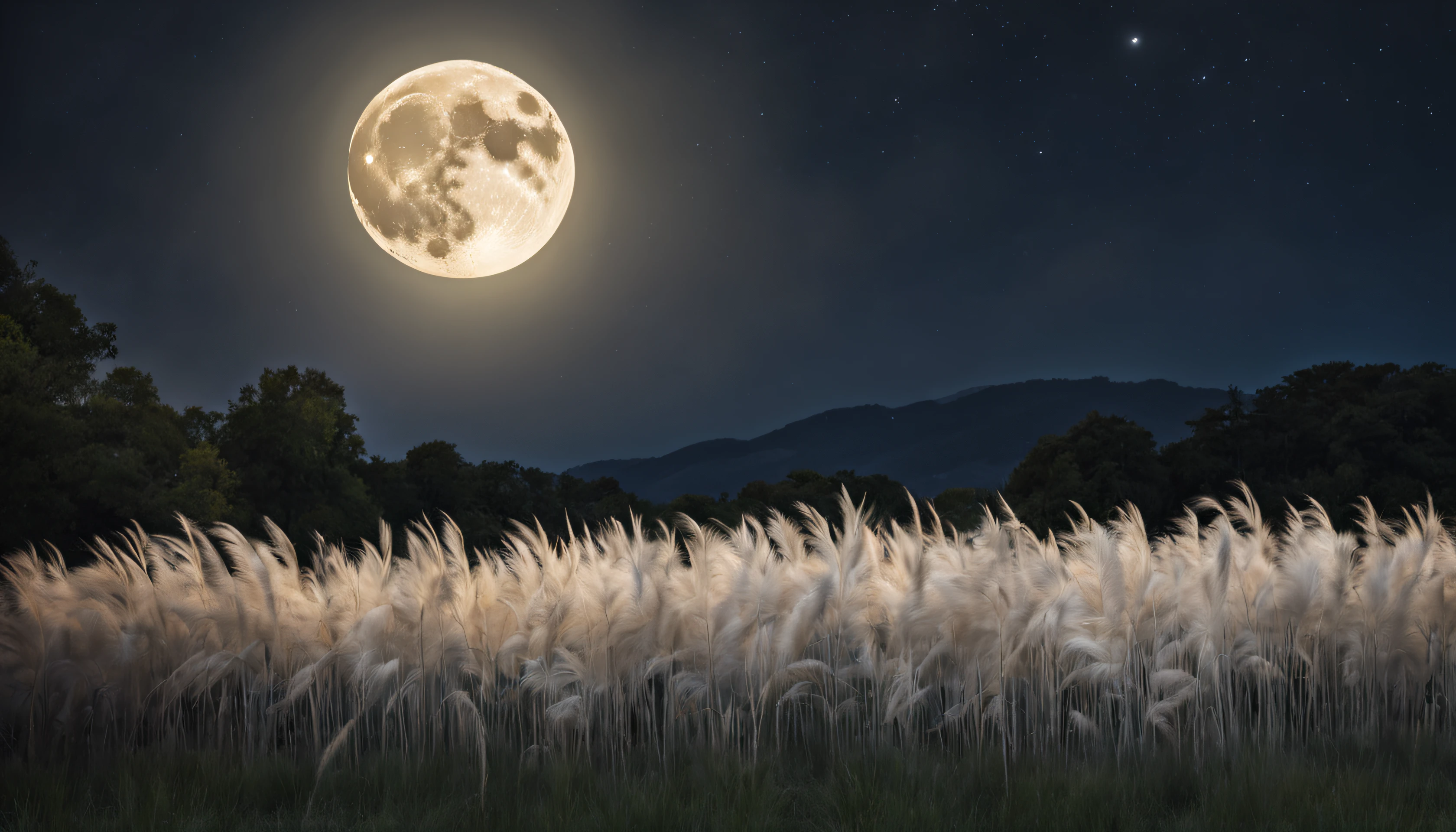 A large full moon shining brightly in the night sky over a meadow where pampas grass blooms
