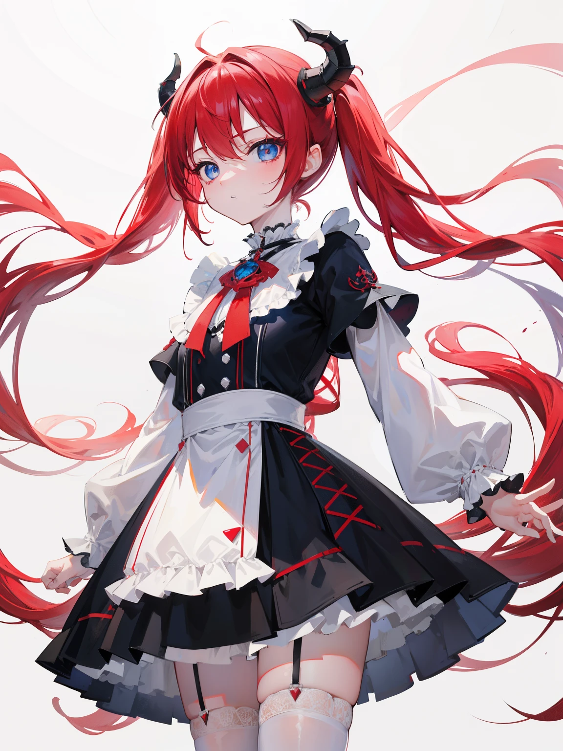 red hair,blue eyes,twintails,maid, long hair, long sleeves, gothic, solo, loli,Short skirt, white stockings,{{best quality}}, {{masterpiece}}, {{ultra-detailed}}, {illustration}, {detailed light}, {an extremely delicate and beautiful},little girl,cute,dragon horns