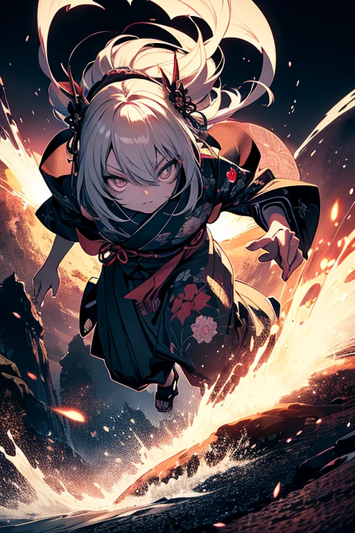 (high resolution), clear, (masterpiece), (top quality), (super delicate), (Attack this way), Suspended eyes, Full body, best effect, flat color, outline, fisheyelens, ((cool girl)), (darkness), demon, (horror), (eerie), light particles, japanese Tattoo, Japanese horror, Thin-eyed, Karakuri doll, Creepy kimono, Yokai, Fantastic Edo background, Oriental painting, (Dynamism), (motion), (attack), (night view), ((action))