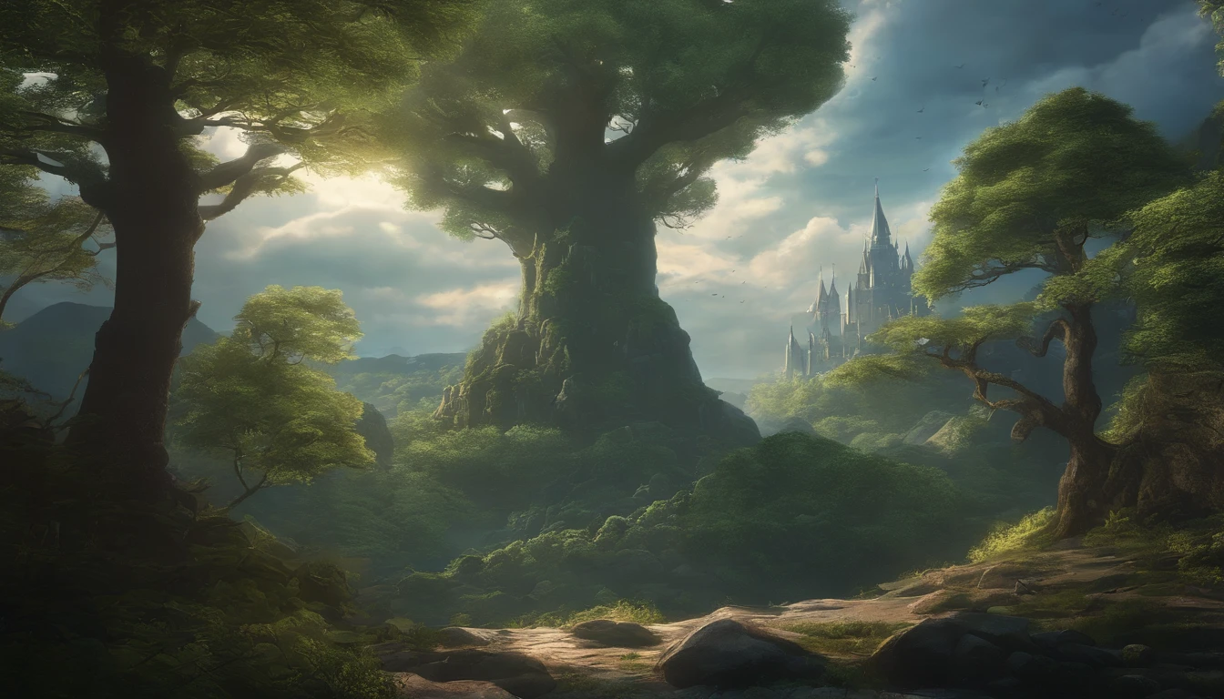 The background is an anime scene from the castle，The castle grows on a huge world tree，concept art by Kamagurka，Pixiv competition winner，Fantasyart，Anime background art，anime concept hdr anime macmanus，Highly detailed digital art in 4K，background artwork，Anime epic artwork，Anime landscape concept art，4K detailed digital art，Made up of trees and fantastic islands，