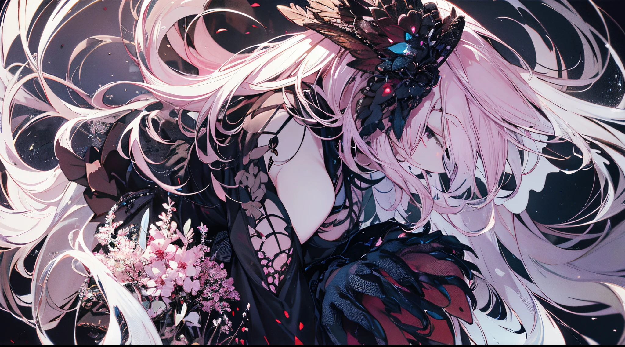 ((tmasterpiece:1.4,Best quality at best))+,(hyper-detailing)+,(Ultra-detailed eyes)+,(pointy ears:1.5),
(cute girls),ar old,(pink student:1.15),(Long pale pink hair,long braid,Bushy hair:1.5),(wariza:1.2),pale-skinned,Seductive smile,black crystal block,God of darkness'Fe,Empty eyes,Red crystal on forehead,Dragon tail,half closed eye,black crown,White Bone Throne,Dead tree
(She was wearing a shabby pink dress,grey dress,bone pattern,:1.5),(black Bracelet:1.4)The sleeves are extra-long,black spiked headdress,baiyun,white colossus,Dream bubbles,black fingernails,red apple,Lift up the skirt,tear pattern,metal chains,black gravel,Black silk gloves,
(Demon Maiden:1.1),
(dawn light:1.2),
(Thick black and white:1.16),(depth of fields:1.4),Complicated details,color mixing,Detailed route,Excellent,super detailing,The content is very detailed,(hight contrast:1.11),ventania,Amazing cleavage,beautidful eyes,messy hair,(best illuminate,Extremely Delicately Beautiful), ((movie light lighting)), (seen from the side:1.3),8K,tmasterpiece,Best quality at best,cinematic Film still from,1 plump girl,(Close-up cleavage:1.1),bright,Interesting,gentlesoftlighting,(bauhause,shape,line engineering,Abstract:1.1)offcial art, Unity 8k壁纸, ultra - detailed, Beautiful and beautiful, tmasterpiece, Best quality at best, (dynamic angle:1.4),PerfectNwsjMajic,(tmasterpiece,top-quality,Best quality at best,offcial art,Beauty and aesthetics:1.2),The content is very detailed,rich colourful,highest details,