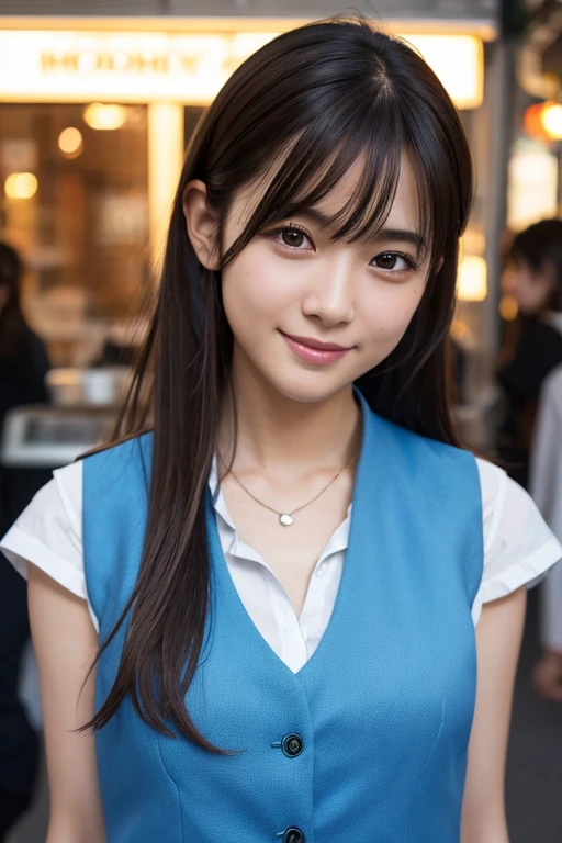 (((Medium hair))), Top Quality, 8K, HDR, Hi-Res, Absurdity: 1.2, Photography, (RAW Photos: 1.2), (Photorealistic: 1.4), (Masterpiece: 1.3), (Complex Details: 1.2), 1 Girl, Solo, Japan girls, Delicate and beautiful details, (Detailed eyes), (Detailed facial features), Petite, (Small breasts))), Toned Skin, ( looking_at_viewer), from_front, (Skinny), (Best Quality: 1.4), (Ultra High Definition: 1.2), Cinemalite, (Extreme Detail Illustration), (Lip Gloss, Best Quality, Ultra High Resolution, Depth of Field, Caustics, Broad Lighting, Natural Shading, 85mm, f / 1.4, ISO 200, 1/160 sec: 0.75), 1 girl, solo, ((blue vest))) smile, uniform, necklace, fashionable café: 1.3, black neat and clean clothes, Nogizaka idol, gravure idol, beauty