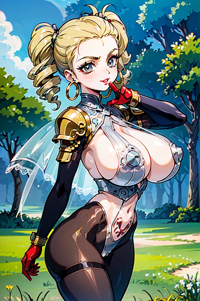 "(masterpiece:1.1), best quality,
1girl, (80s anime style:1.3), (eyelashes:1.5), (:1.2),
(intricate high detailed body:1.2),
(blonde hair:1.1), (hair slicked back:1.2), (twintails, drill hair:1.2), (hair ribbon:1.2),
red eyes, (red lip stick:1.3),
(gigantic breasts:1.5),
(angry, smile:1.2),
(see-through lace body suit armor, navel cutout, tattoo:1.2), (pantyhose:1.2),
(knight armor, armored boots:1.2), (frill:1.1), (hoop earrings:1.1), gloves,
standing, peace sign,
(upper body, cowboy shot, looking at viewer, from front:1.1),
(daytime, grassland, outdoors:1.2)"