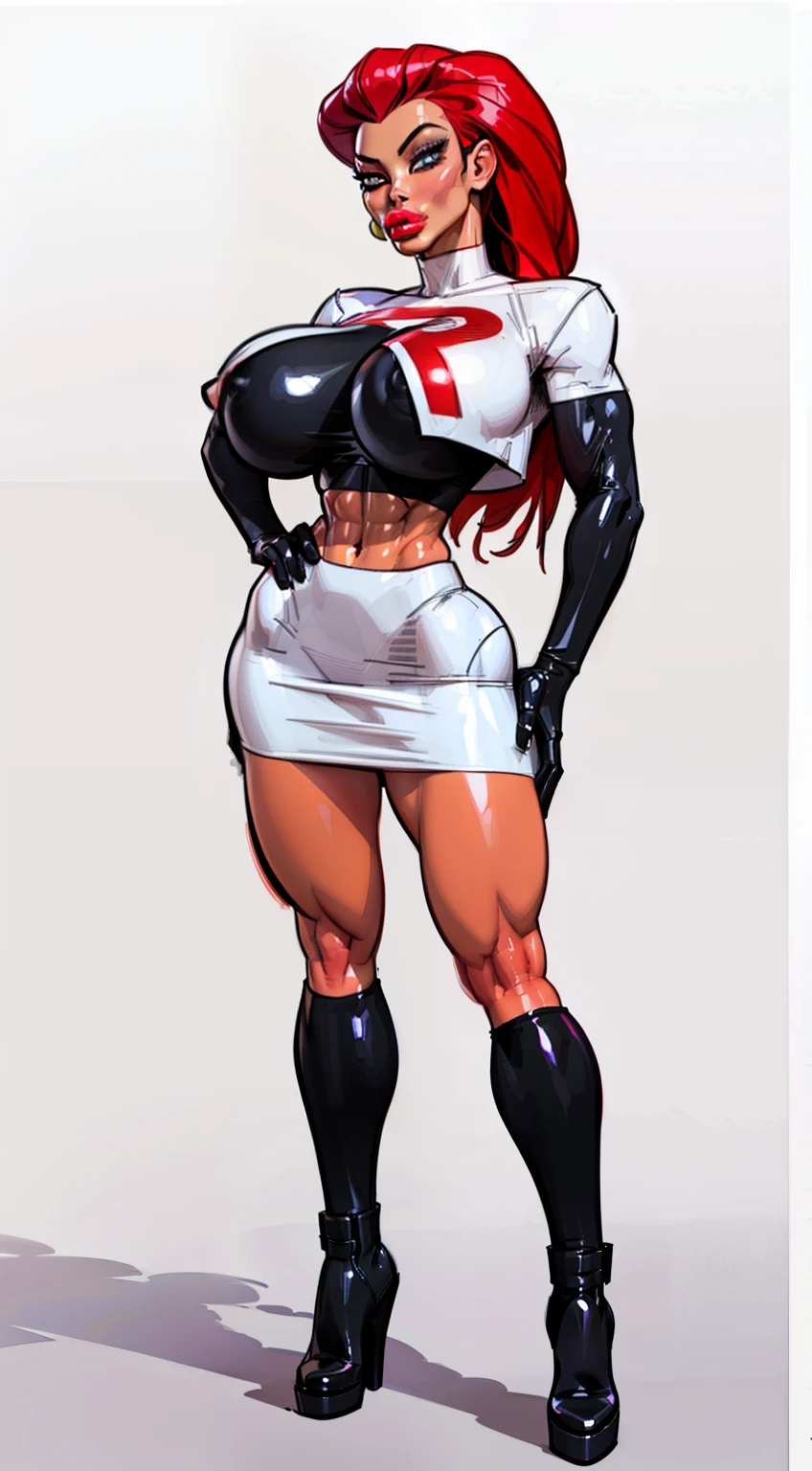 ((masterpiece)),(((best quality))),((character design sheet)), Pokémon character Jessie, (team rocket uniform) ((Jessie)), ((full body view)) mature face, (red violet hair),((asian eyes:1.4)), (long black boots), (slicked back hair), defined cheekbones, high cheekbones, illustration, muscular, sexy bimbo, (gigantic breasts:1.3) red hair, ((detailed face:1.4)) beautiful woman, (black gloves :1.2), (white skin:1.4) , (red lipstick:1.4), shiny skin, scribbles and marks,(puffy lips:1.4) , (giant red R on shirt), rough sketches, pose, 8k,16k, (simple background, white background: 1.3) ((cool color palette)), ((white crop top, white skirt))