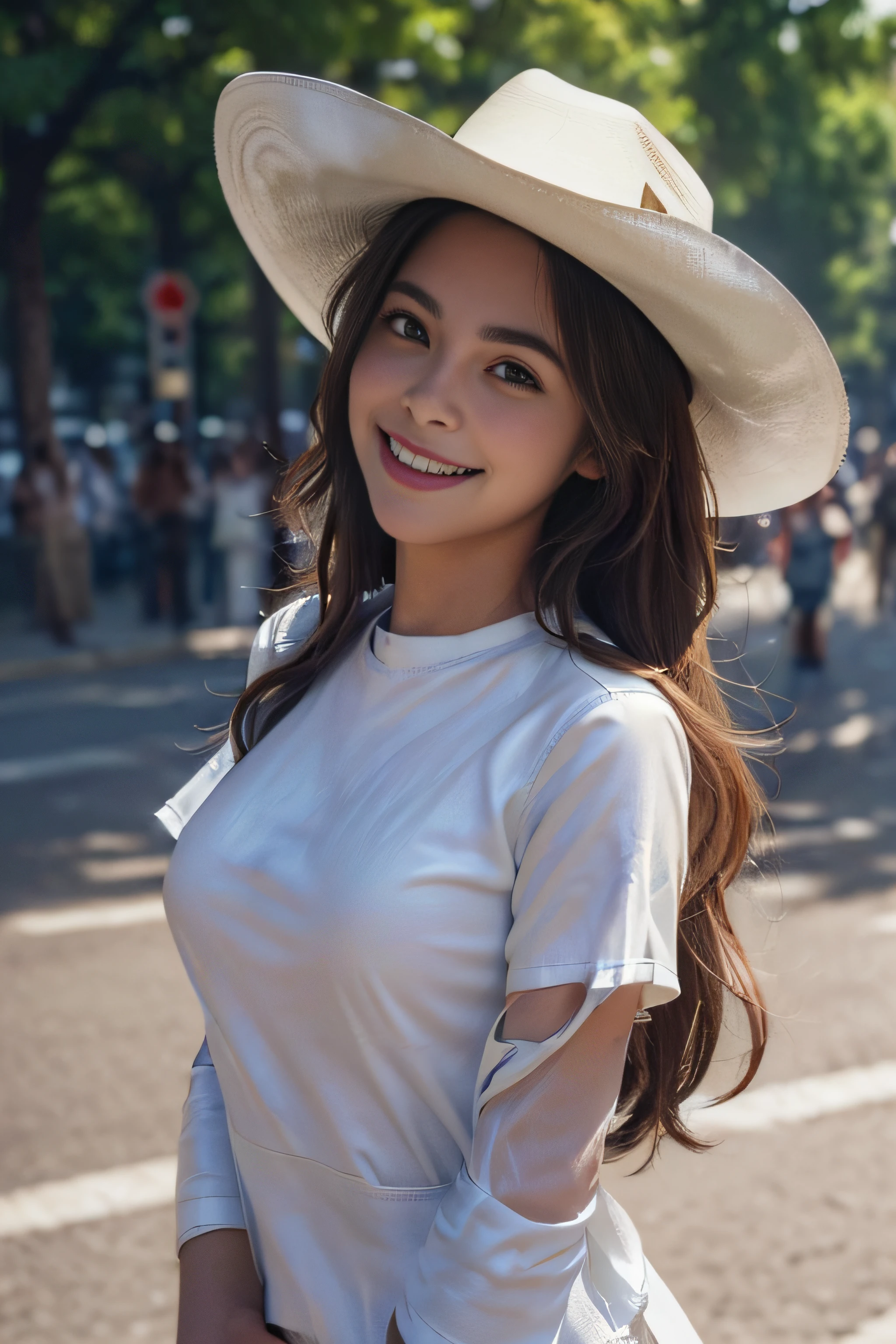 ((beautiful a girl:1.3))((JINS＿White T-shirt＿brown leather western hat:1.4))((In the street_In the crowd:1.2)),((Thin_fabric:1.4))((standing there doing nothing:1.3))((with a flushed face:1.4))((breasts of medium size,:1.2))((close-up:1.2)) Best Quality,masutepiece,超A high resolution,(Photorealistic:1.4),Raw photo,(Authentic skin texture:1.3),(Film grain:1.3),the panorama,Character Portrait,Very Wide Shot,Narrow waist,Cowboy Shot,(In the Dark, deepshadow, lowkey, cold light,) Night,(()),Streaming Tears,,Dust,Tindall Effect,(expression),1girl in,beautiful detailed eyes and face,White Jabot,Brown eyes,((Brown-colored super long hair:1.2)),((Loosely curled hair:1.2)) ((Full body:1.3)) ((Big smile:1.3))
