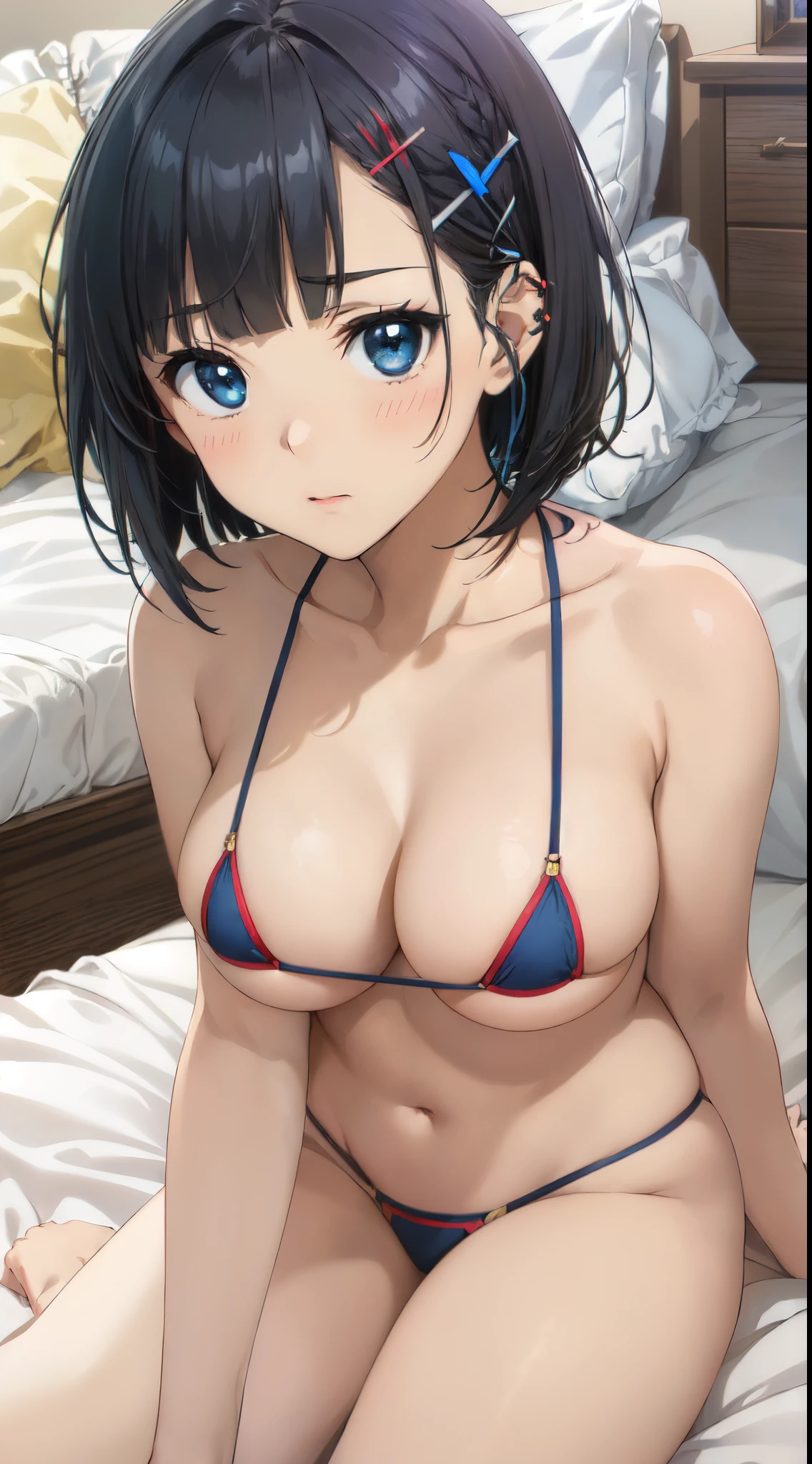 Official art,(​masterpiece:1.5),(very precise details,Ultra High Resolution:1.5),(Highly detailed CG Unity 8K:1.5),(Full body:1.4),(A slender:1.3),(black micro bikini:1.4),(NSFW:1.5),(26 year old:1.4),Perfect litthing,colourfull,Bright Front face Illuminating,(laying on back:1.4),(White hairpin:1.5),(Naoha Kirigaya:1.5),(Perfect female body:1.4),(Short hair:1.5),(Parted bangs:1.4),(short bangs:1.5),(Bob with bangs,bob cuts:1.4),(sharpnes:1.4),(Curve,Model,glamor:1.5),爆乳,(K-Cup Bust:1.4),(Realistic, hyper realisitic:1.5),(beautiful hands of a woman:1.4),(Bedroom,on the bed:1.4),(A slender:1.4),(beutiful breast,perfect chest,appealing breasts,Round chest of drawers:1.4),(parted_Lips:1.4),(laying on back:1.4),(Bedroom,White bed:1.5),(blush,embarrassed,red blush:1.4),(Bangs parted in the middle, Hair pulled back:1.5),(White hairpin:1.5),(Dark blue eyes,A dark-haired:1.5),clean ears,(Parted bangs:1.3),Looking over here,Erotic thighs,blush stickers,
Anime girl in underwear, a hyperrealistic schoolgirl,Beautiful anime schoolgirl lying on her back on bed, Seductive Anime Girl, School Girl, Fine details. girls' frontline, from girls frontline, marin kitagawa fanart, Cute Schoolgirl, blonde anime girl with long hair, charming anime girls,(A dark-haired:1.5)