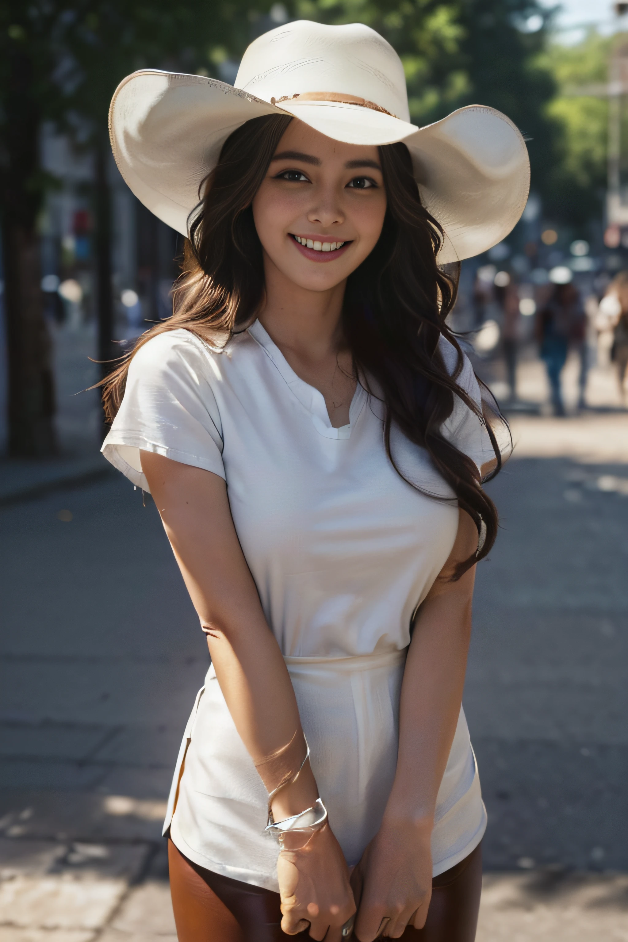 ((beautiful a girl:1.3))((JINS_White T-shirt_brown leather western hat:1.4))((In the street_In the crowd:1.2)),((Thin_fabric:1.4))((standing there doing nothing:1.3))((with a flushed face:1.4))((breasts of medium size,:1.2))((close-up:1.2)) Best Quality,masutepiece,超A high resolution,(Photorealistic:1.4),Raw photo,(Authentic skin texture:1.3),(Film grain:1.3),the panorama,Character Portrait,Very Wide Shot,Narrow waist,Cowboy Shot,(In the Dark, deepshadow, lowkey, cold light,) Night,(()),Streaming Tears,,Dust,Tindall Effect,(expression),1girl in,beautiful detailed eyes and face,White Jabot,Brown eyes,((Brown-colored super long hair:1.2)),((Loosely curled hair:1.2)) ((Full body:1.3)) ((Big smile:1.3))
