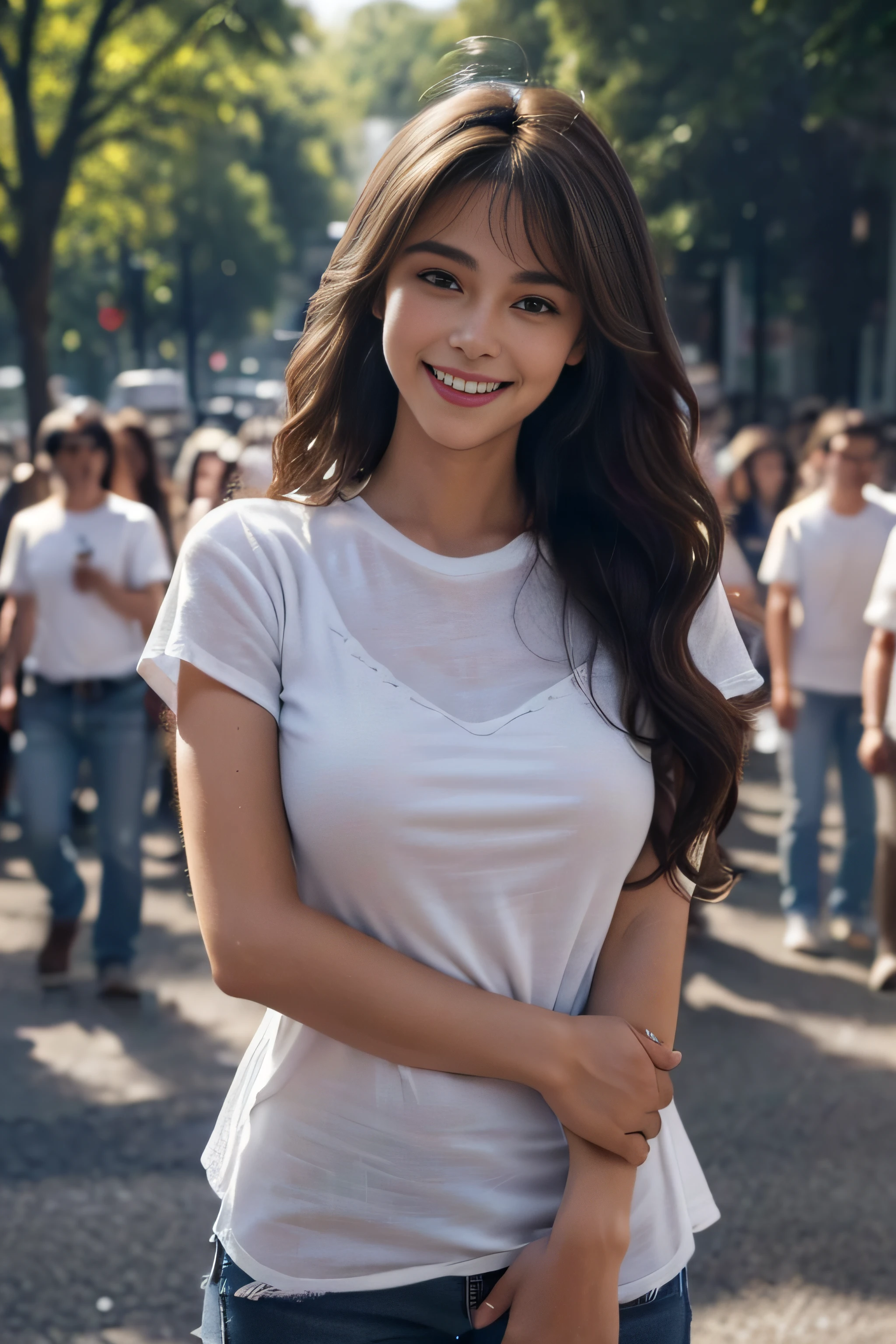 ((beautiful a girl:1.3))((Jeans and white T-shirt:1.4))((In the street_In the crowd:1.2)),((Thin_fabric:1.4))((standing there doing nothing:1.3))((with a flushed face:1.4))((breasts of medium size,:1.2))((close-up:1.2)) Best Quality,masutepiece,超A high resolution,(Photorealistic:1.4),Raw photo,(Authentic skin texture:1.3),(Film grain:1.3),the panorama,Character Portrait,Very Wide Shot,Narrow waist,Cowboy Shot,(In the Dark, deepshadow, lowkey, cold light,) Night,(()),Streaming Tears,,Dust,Tindall Effect,(expression),1girl in,beautiful detailed eyes and face,White Jabot,Brown eyes,((Brown-colored super long hair:1.2)),((Loosely curled hair:1.2)) ((Full body:1.3)) ((Smile:1.3))