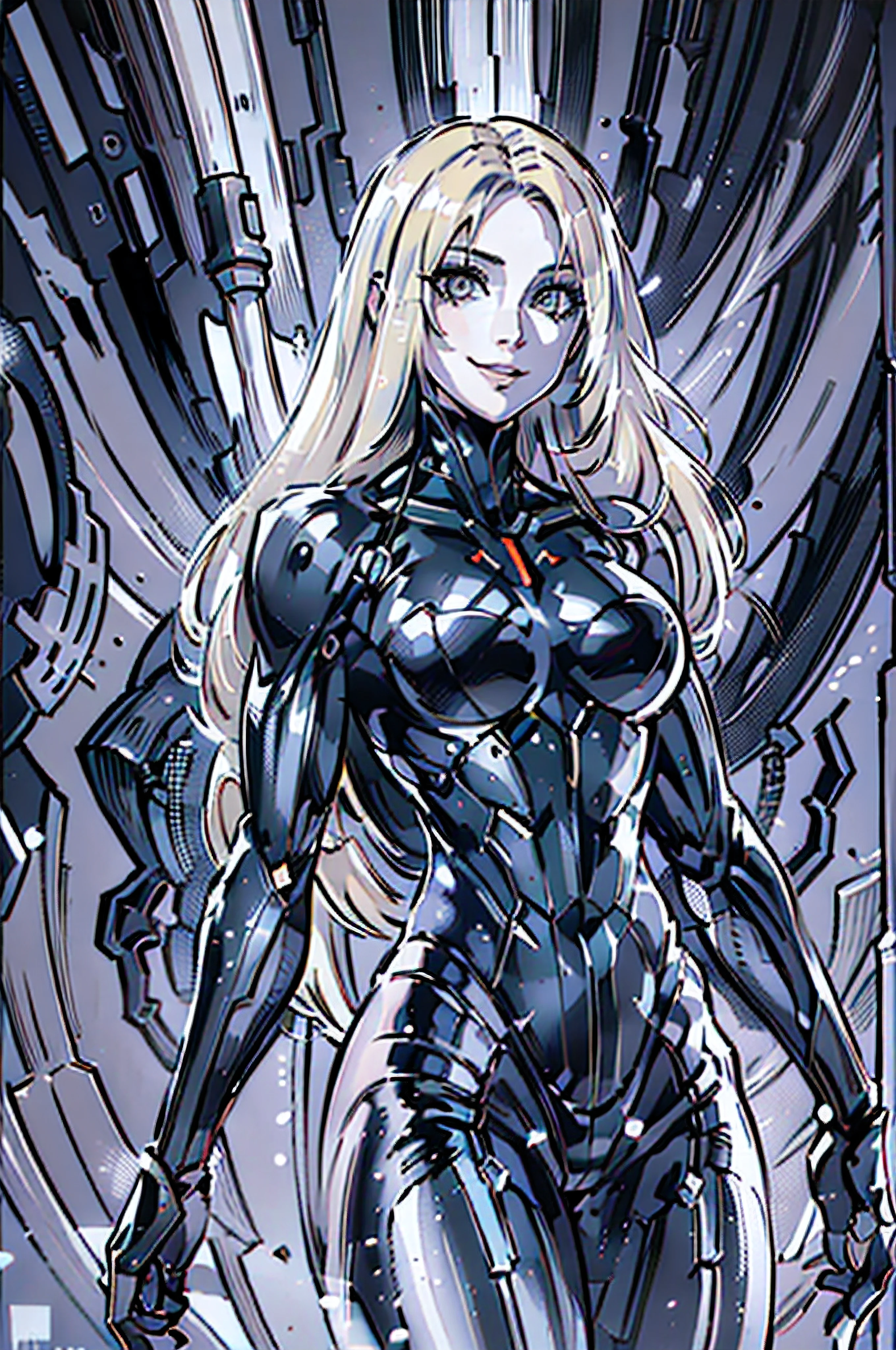 MONOCHROME GREYSCALE, A illustration of Emma Frost, wearing a Black nanosuit, ((very_long_hair:1.2 ), (Blond hair)), Mascara, Eyeliner, High resolution, Ultra-pointu, 16k, Masterpiece, standing pose, Smile,