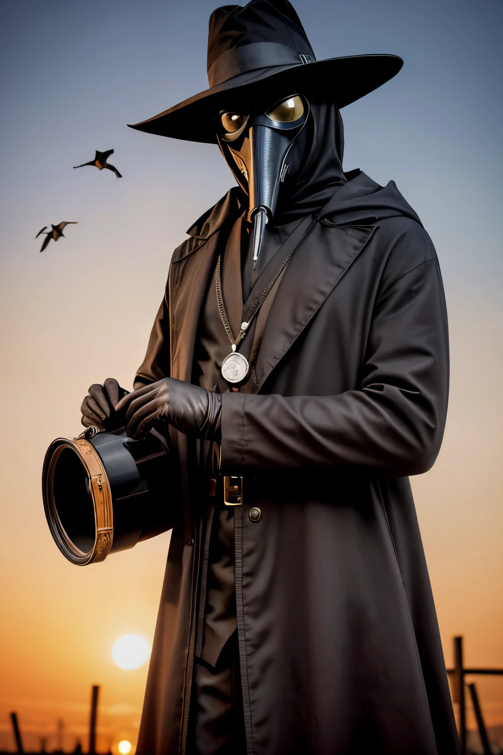 plague doctor in a black crow mask holds a test tube inside which has an antidote. Birds flying around, the night. 256k, photo realism, ultra-realistic, high dynamical range, raw photo, 300dpi, dark epic, art-eklerika, HDR+, f/8, 30mm lens, 1/250s, ISO 200, surrealism, higly detailed, depth, noise texture, crisp outlines, Depth of field, Hi-Def, professional photo.