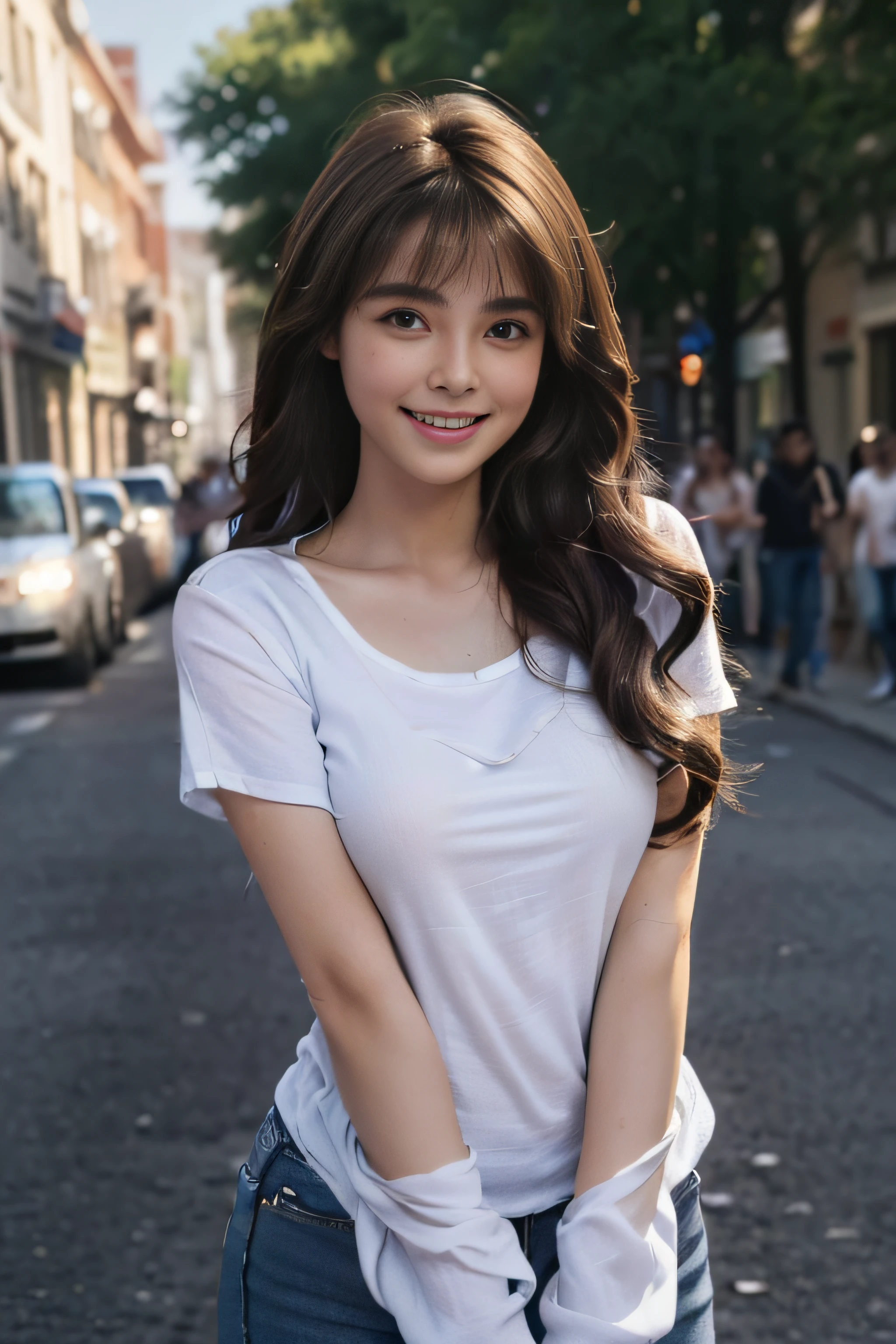 ((beautiful a girl:1.3))((Jeans and white T-shirt:1.4))((In the street_In the crowd:1.2)),((Thin_fabric:1.4))((standing there doing nothing:1.3))((with a flushed face:1.4))((breasts of medium size,:1.2))((close-up:1.2)) Best Quality,masutepiece,超A high resolution,(Photorealistic:1.4),Raw photo,(Authentic skin texture:1.3),(Film grain:1.3),the panorama,Character Portrait,Very Wide Shot,Narrow waist,Cowboy Shot,(In the Dark, deepshadow, lowkey, cold light,) Night,(()),Streaming Tears,,Dust,Tindall Effect,(expression),1girl in,beautiful detailed eyes and face,White Jabot,Brown eyes,((Brown-colored super long hair:1.2)),((Loosely curled hair:1.2)) ((Full body:1.3)) ((Smile:1.3))