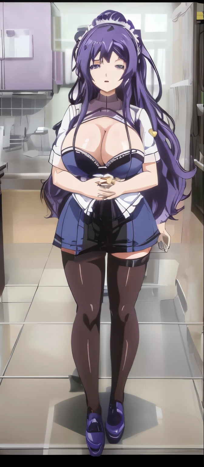 Anime girl with purple hair and black stockings posing in the kitchen, seductive anime girls, from girls, oppai, Kitagawa Ocean Fan Art, azur lane style, Curvy little , Translucent liquid comes from《Azure route》videogame, Anime cute art style, (SFW) work insurance, Misato Katsuragi, anya from spy x family, Detailed pubic hair. Girl Front