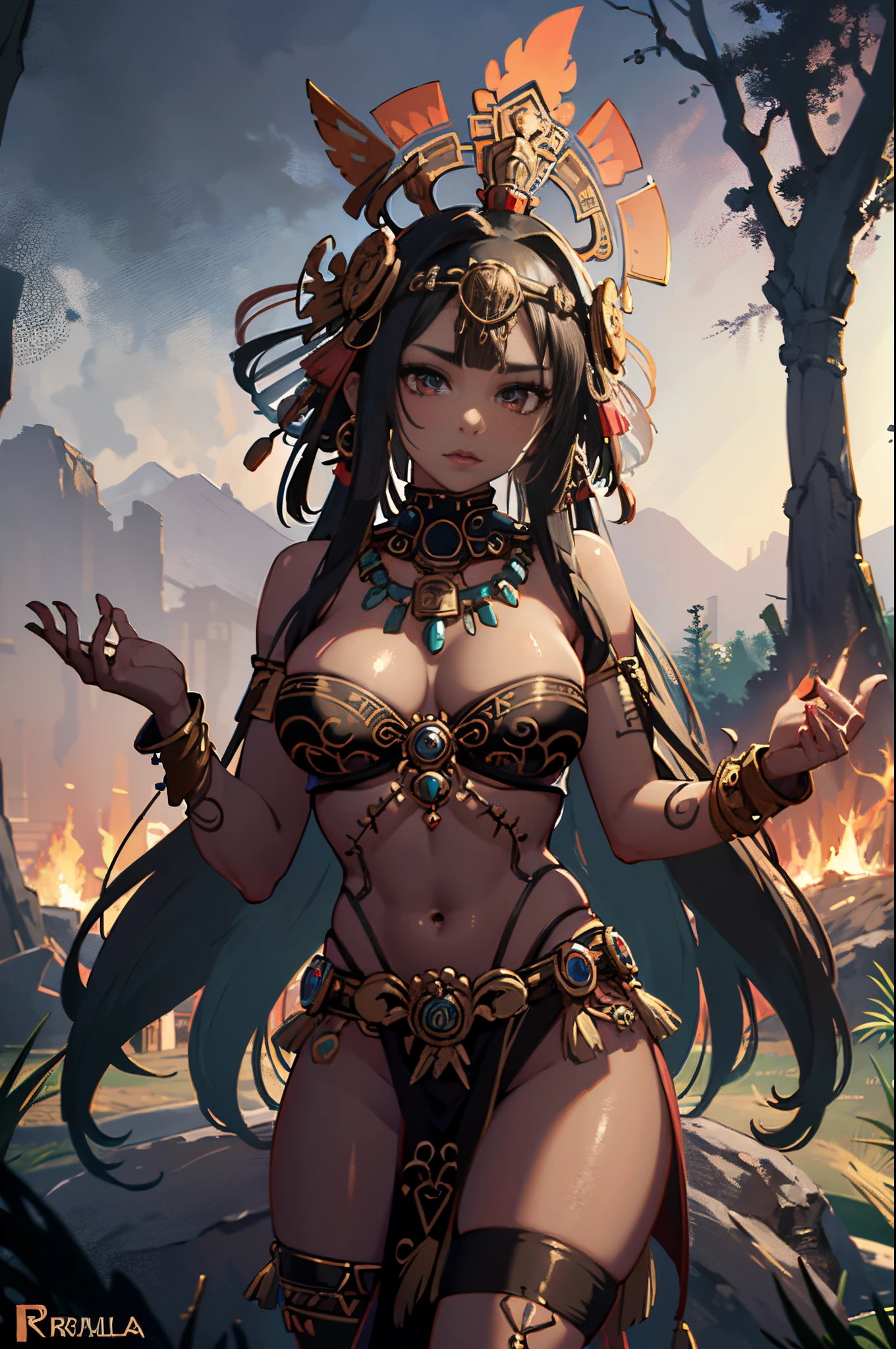 Beautiful Alluring Female aztec, tribal feathers, tribal beads, tribal ornaments, bronze ornaments, Bare oily Skin, Athletic Well Toned Body, cleavage, Barely Clothed, tirbal theme, aztec theme, on top of a jungle aztec shrine, Beautiful D&D Character Portrait, Beautiful Face, Ominous, Dark Fantasy, Fiverr Dnd Character, Octane Render, Digital Art, Extreme Detail, 4k, Ultra Hd, Polished, Beautiful, Hyperdetailed, Intricate, Elaborate, Meticulous, Photorealistic, Sharp Focus, Wlop, Character Design, Unreal Engine, 3d Rendered, Volumetric Lighting, Reflections, Glossy, Digital Illustration, Sensual Pose, Suggestive Pose, Full Body Shot,  naked, visible niples, puffy ,💖❤💕💋❣