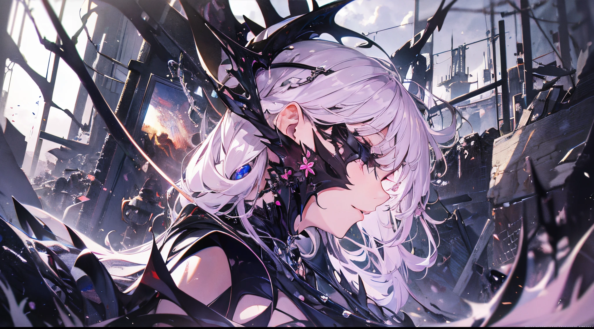 （（tmasterpiece：1.4，Best quality））+，（hyper-detailing）+，（Ultra-detailed eyes）+，（pointy ears：1.5），
（cute girls），15year old，（pink student：1.15），（Long pale pink hair，long braid，Bushy hair:1.5），（wariza：1.2），pale-skinned，seduct smile，black crystal block，God of darkness&#39;Fe，vacant eyes，Red crystal on forehead，Dragon tail，half closed eye，black crown，White Bone Throne，Dead tree
（She was wearing a shabby pink dress，grey dress，bone pattern，：1.5），（black Bracelet：1.4）The sleeves are extra-long，black spiked headdress，baiyun，white colossus，Dream bubbles，black fingernails，red apple，Sitting in the broken ruins，metal chains，Black silk gloves，Red collar
（Demon Maiden：1.1），
（dawn light：1.2），
（Thick black and white：1.16），（depth of fields：1.4），Complicated details，color mixing，Detailed route，Excellent,super detailing,The content is very detailed,(hight contrast:1.11),ventania,Amazing cleavage,beautidful eyes,messy  hair,(best illuminate，Extremely Delicately Beautiful), ((movie light lighting)), (seen from the side:1.3)，8K,tmasterpiece，Best quality，cinematic Film still from，1 plump girl，（Close-up cleavage：1.1），bright，Interesting，gentlesoftlighting，（bauhause，shape，line engineering，Abstract：1.1）offcial art， Unity 8k壁纸， ultra - detailed， Beautiful and beautiful， tmasterpiece， Best quality， （dynamic angle：1.4），Perfect NwsjMajic，（tmasterpiece，top-quality，Best quality，offcial art，Beauty and aesthetics：1.2），The content is very detailed，rich colourful，highest details，