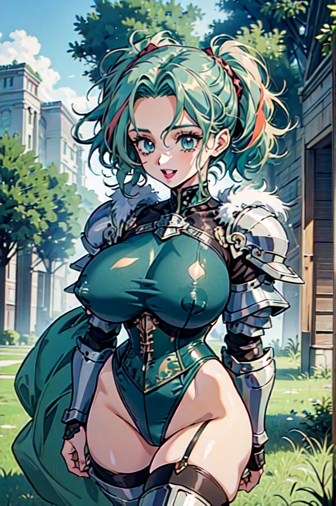 "(masterpiece:1.1), best quality,
1girl, (80s anime style:1.3), (eyelashes:1.5), (:1.2),
(intricate high detailed body:1.2),
(green hair:1.1), (hair slicked back:1.2), (twintails, wavy hair:1.1), (headband:1.2),
blue eyes, (red lip stick:1.3),
(gigantic breasts:1.5),
(happy, smile:1.2), open mouth,
(see-through leotard armor, corset:1.2), (garter belt:1.2),
(knight armor, armored boots:1.2), (fur:1.1), (streaked hair:1.2), sleeve,
standing, arms behind back,
(upper body, cowboy shot, looking at viewer, from front:1.1),
(daytime, grassland, outdoors:1.2)"