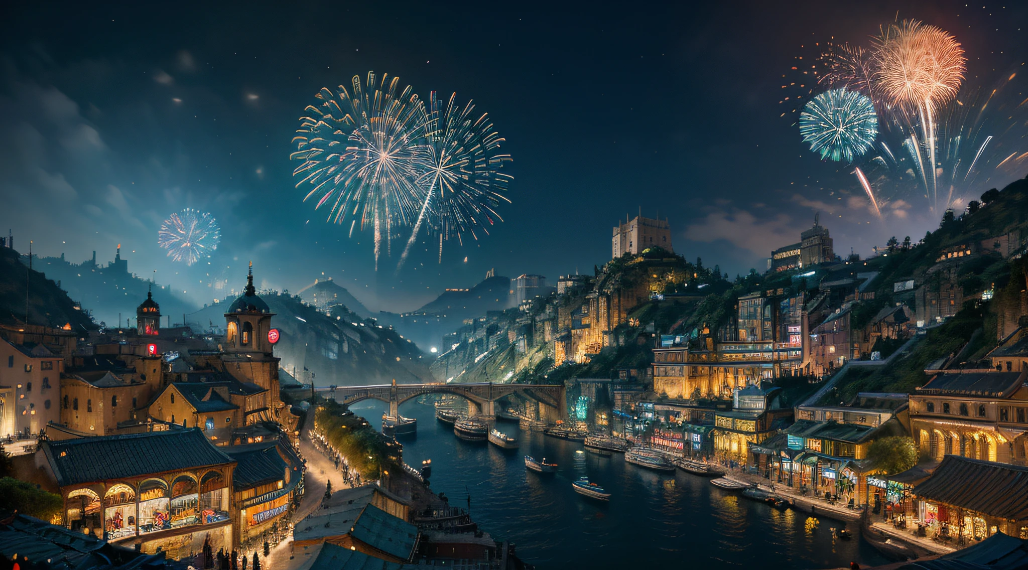 ((masterpiece)),((best quality)),((high detail)),((realistic,)) Futuristic era city, deep gorges in the middle, architectural streets, bazaars, bridges, cyberpunk, european architecture, night, neon, panoramic view, various buildings, new year, fireworks, panoramic, colorful fireworks