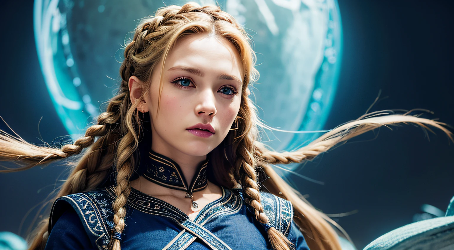 white woman with two braids and blue eyes, Olhando para o oceano, Mulher bonita e estilo viking, blonde braids and blue eyes, Two Long Braids, Two Long Braids, cabelos castanhos claros, olhos azuis, Olhos do Azure, Olhos azuis azuis, woman with braided brown hair, olhos azuis impressionantes, Norse goddess, crossed arms, fundo universo, Universo de fundo, crossed arms, roupa futurista azul escuro cobrindo todo o corpo, roupa futurista azul escuro, 2 long braids in the hair going down the back