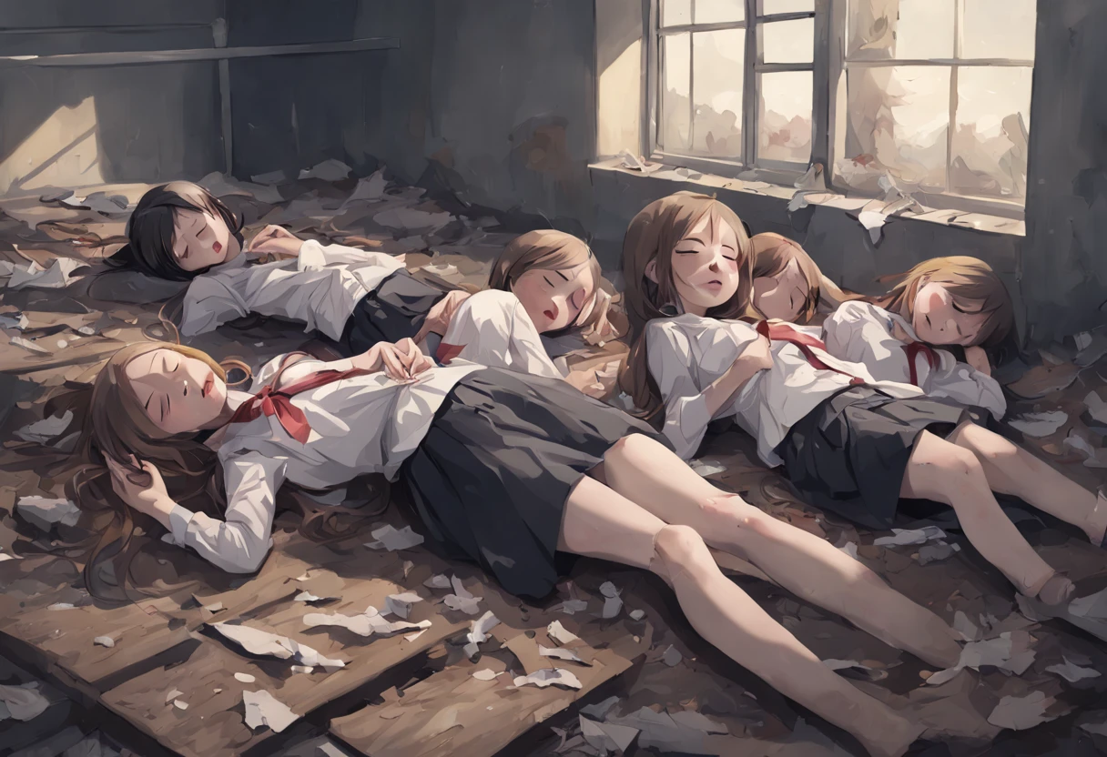 pile of corpse, 6+ girls, angel, torn clothes, closed eyes, scenery, lying