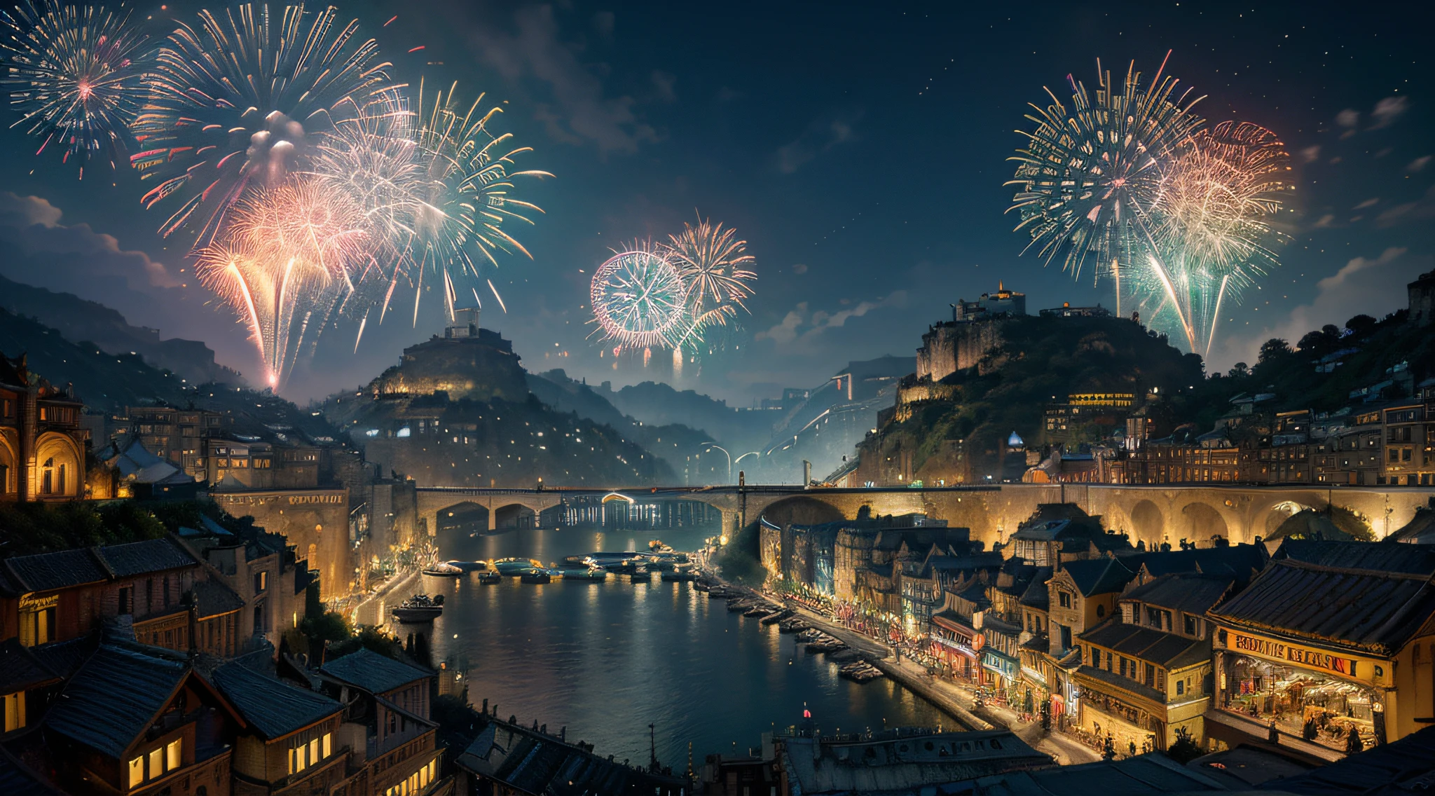 ((masterpiece)),((best quality)),((high detail)),((realistic,)) Futuristic era city, deep gorges in the middle, architectural streets, bazaars, bridges, cyberpunk, european architecture, night, neon, panoramic view, various buildings, new year, fireworks, panoramic, colorful fireworks