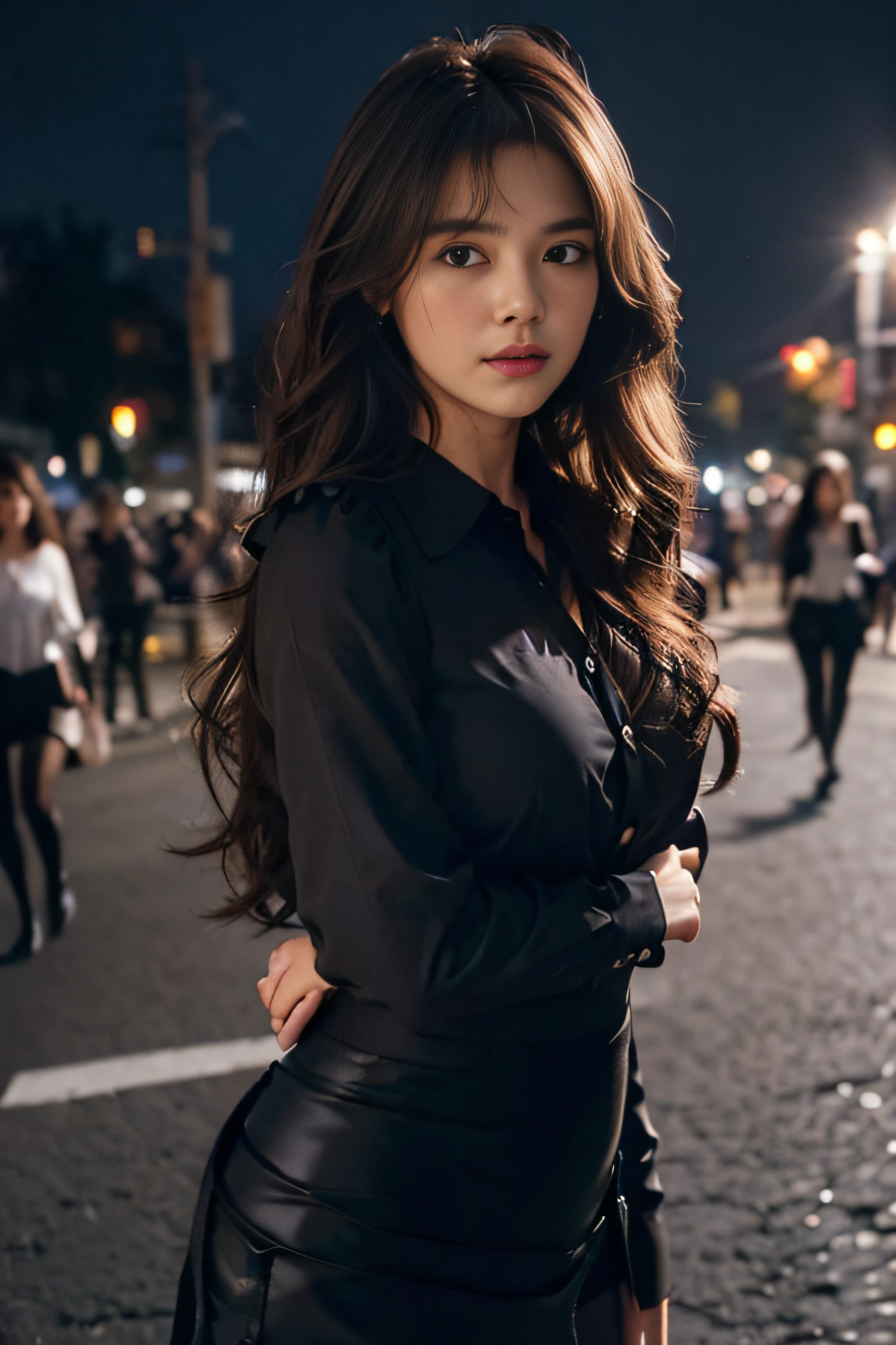 ((beautiful a girl:1.3))((loose black button blouse_Black tight skirt:1.4))((In the street_In the crowd:1.2)),((Thin_fabric:1.4))((standing there doing nothing:1.3))((with a flushed face:1.4))((breasts of medium size,:1.2))((close-up:1.2)) Best Quality,masutepiece,超A high resolution,(Photorealistic:1.4),Raw photo,(Authentic skin texture:1.3),(Film grain:1.3),the panorama,Character Portrait,Very Wide Shot,Narrow waist,Cowboy Shot,(In the Dark, deepshadow, lowkey, cold light,) Night,Streaming Tears,,Dust,Tindall Effect,(expression),1girl in,beautiful detailed eyes and face,White Jabot,Brown eyes,((Brown-colored super long hair:1.2)),((Loosely curled hair:1.2)) ((Full body:1.3))
