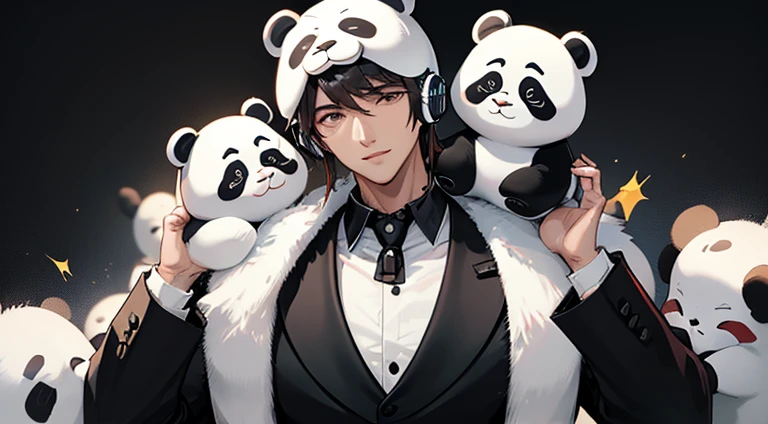 A handsome man in a panda costume wears headphones around his neck.