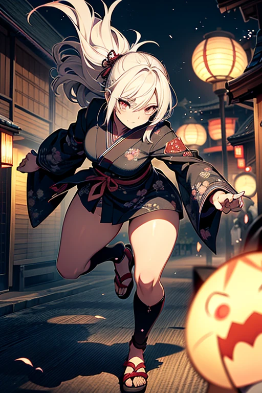 (High resolution), Clear, (masutepiece), (of the highest quality), (Super delicate), (attack like this), Suspended Eyes, Full body, Best Effect, Flat color, outline, fish-eye lens, ((Cool Girl)), (darkness), Diabolical, (Horror), (eery), light Particle, Tattoo on the Japan, japanese horror, Thin Eyes, Karakuri doll, creepy kimono, youkai, Fantastic Edo background, oriental paintings, (Dynamism), (motion), (Attack), (Night view), ((action))