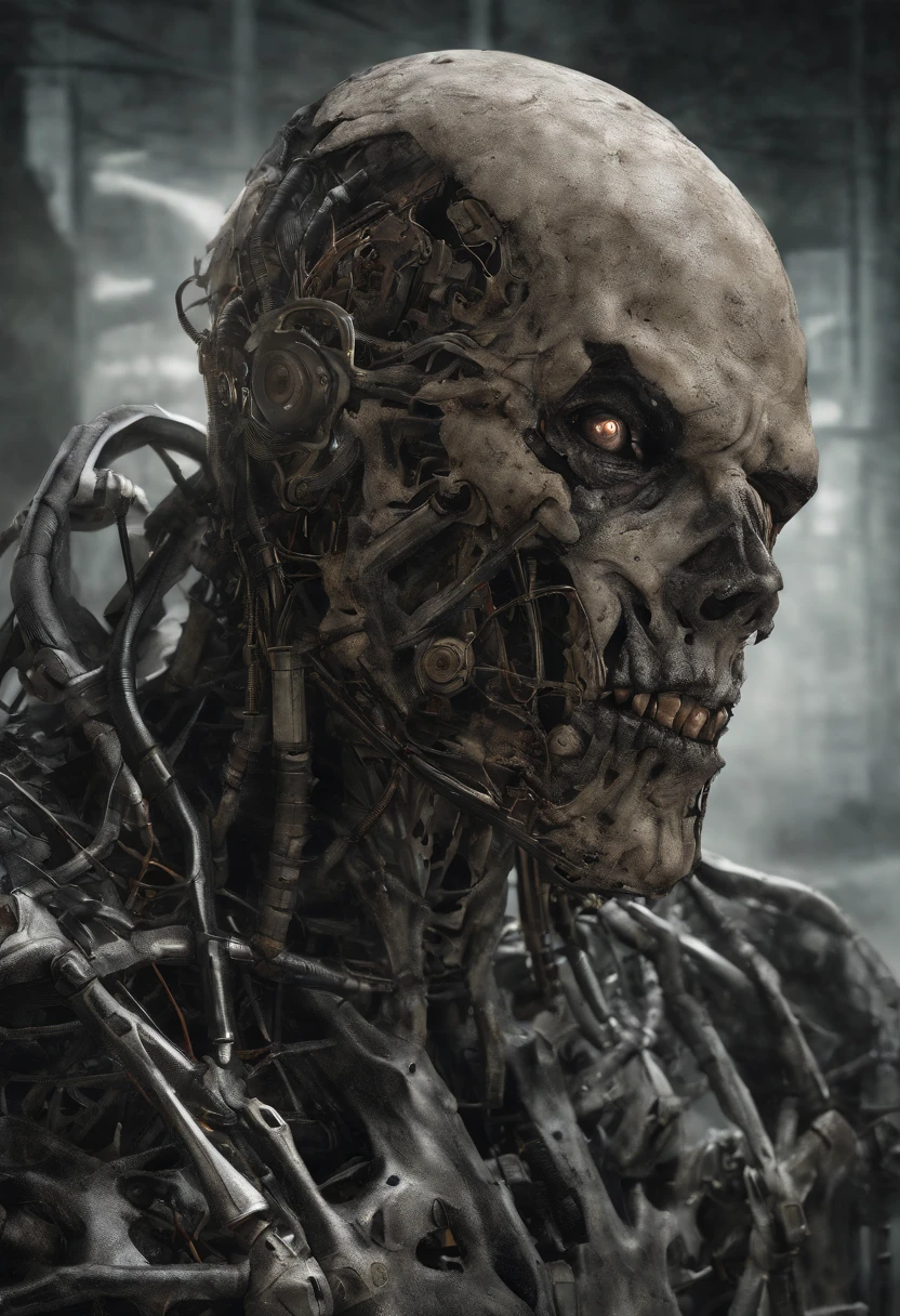 Visualize a high-realistic render of a robotic male zombie, a haunting fusion of human and machine. His face is a canvas of detailed decay, adorned with half-present hair and a rugged beard that hints at his former humanity. The skin, rendered with meticulous detail, reveals the cybernetic enhancements beneath, seamlessly blending the organic with the mechanical.
A scar mars his face, a testament to the trials he endured before succumbing to the robotic transformation. The rendering captures the eerie intersection of lifelike decay and metallic augmentation, creating a chillingly realistic portrayal of a post-apocalyptic existence.
This artwork embraces the fine balance between the organic and the synthetic, emphasizing the intricate details of the robotic zombie's features. The high realism in the render ensures that every aspect of this haunting figure is portrayed with a level of detail that heightens the unsettling nature of his existence.