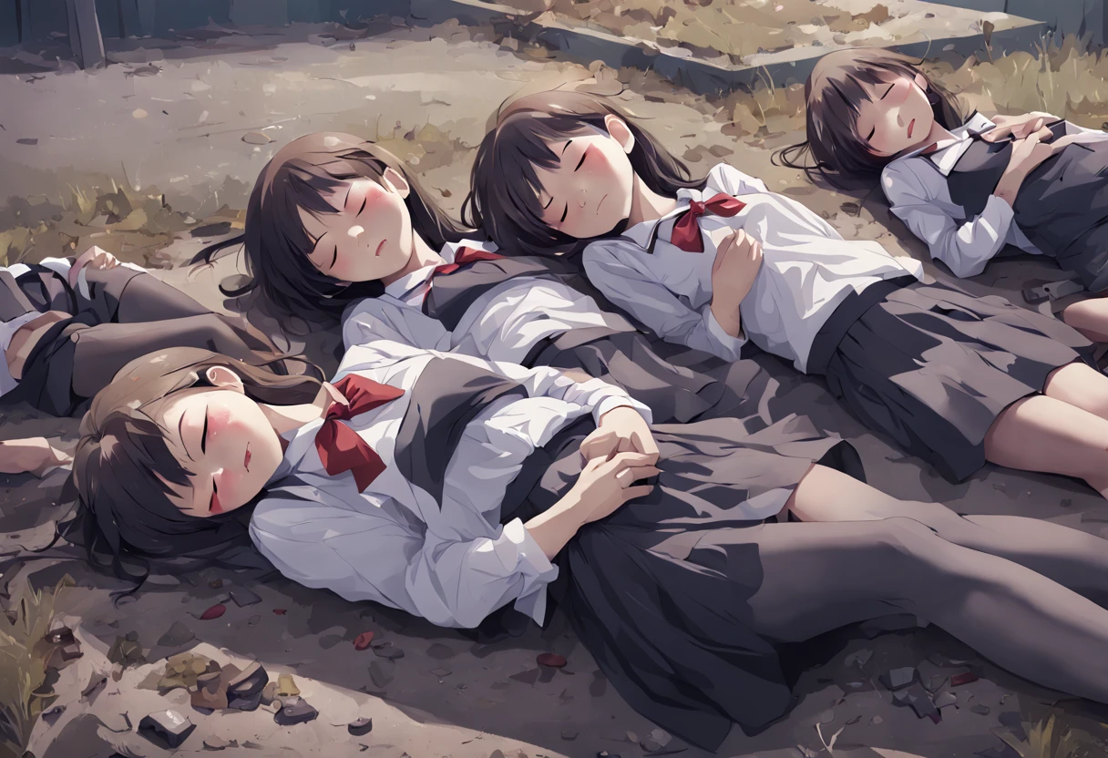 pile of corpse, 6+ girls, school girls, torn clothes, closed eyes, scenery, lying