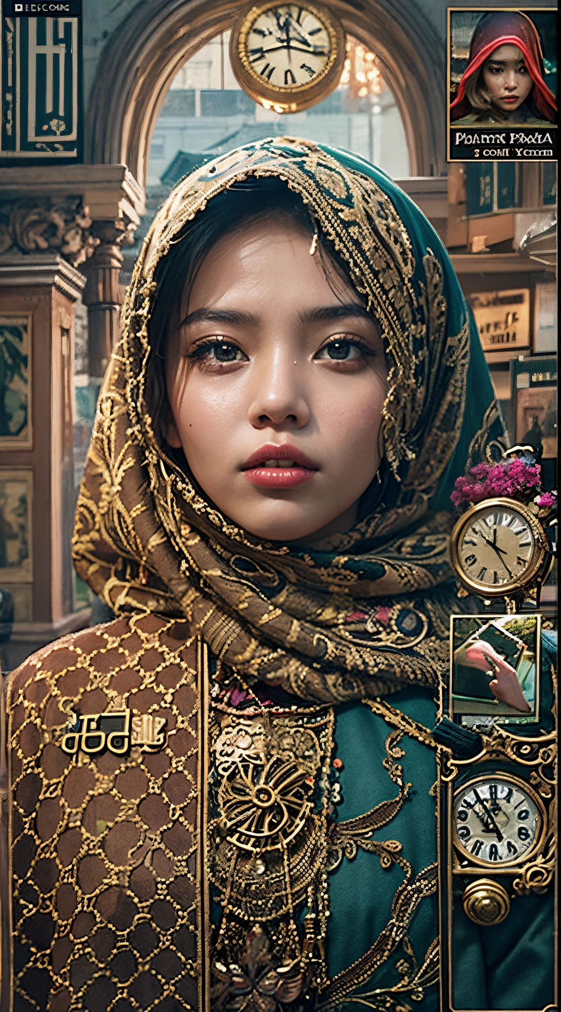 Imagine a surreal scenario where the Malay girl in hijab is a time traveler exploring different eras. Design a captivating photomanipulation that showcases her in various time periods, blending historical elements with futuristic twists. Use vibrant colors, intricate details, and subtle visual cues to transport viewers through time