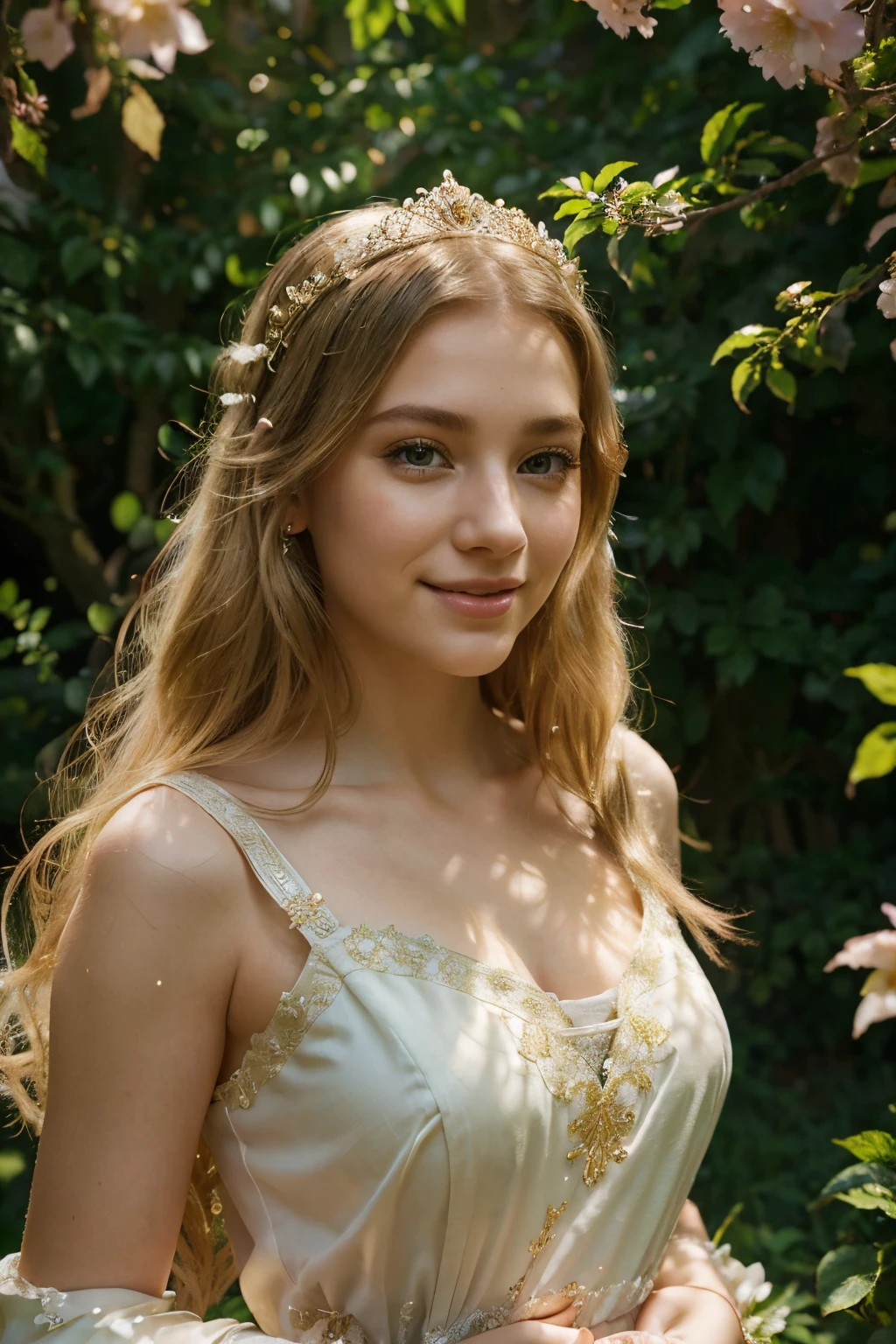 good fairy girl . she has golden hair . on goals diadem . she has a beautiful smile, she is in a magical forest . Photo Realism