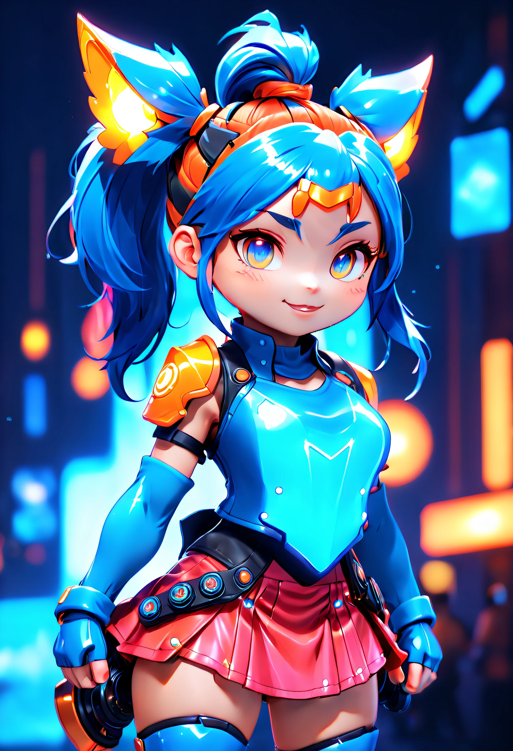 Jinx1024, Game character design，3D character rendering，(((Vector illustration style)))，League of Legends Jinx，((1girl，(Blue double ponytail: 1.5)，Blue braids，Red eyes，big laughter，future warrior，(Pink mechanical skirt: 1.3)，(A luminous magazine is tied around the waist: 1.2)，Decorated with luminous lines and rivets，With streamer effect or LED light embellishment，Hand holding laser cannon、Ion cannon or pulse cannon))，((hair design：Brilliant deep blue，Add some glowing elements，Futuristic headgear such as orange photoelectric glasses or head-mounted display))，((Expression design：Add some glowing lines or orange LED light effects to the facial decoration，Design different facial expressions，Highlight the image of future warriors))，(action design：On the move、When releasing a skill or attacking，Add some special effects and animations，Highlight the sense of future and combat)，((Special effects design：Add cool orange light effects、Electromagnetic wave effect or virtual interface，Enhance the visual impact of skin)), (((standing on your feet，Metal heels: 1.8, Glowing lines or orange LED light effect))), (full body shot of: 1.5)，jinx (league of legends)，((starryskybackground，simplebackground)), MECHA-WINGS, art by mooncryptowow, (pov, first-person view, Ghibli-like colours, Luminism, cinematic lighting, UHD, masterpiece, ccurate, anatomically correct, textured skin, super detail, high details, high quality, award winning, best quality, 16k), Pop Mart blind box, 3Drenderingof，hairy pubic