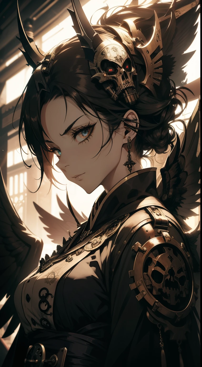 steampunc,Diabolical, Mask, Death, masuter piece, Steampunk style, Onmyoji,Scary, Alone, coat, Fog, Machines, Convoluted, Detailed, Badass,Horror, Solo,fear,Strong, Wings, Features, 4K, Wallpaper, Best Quality,