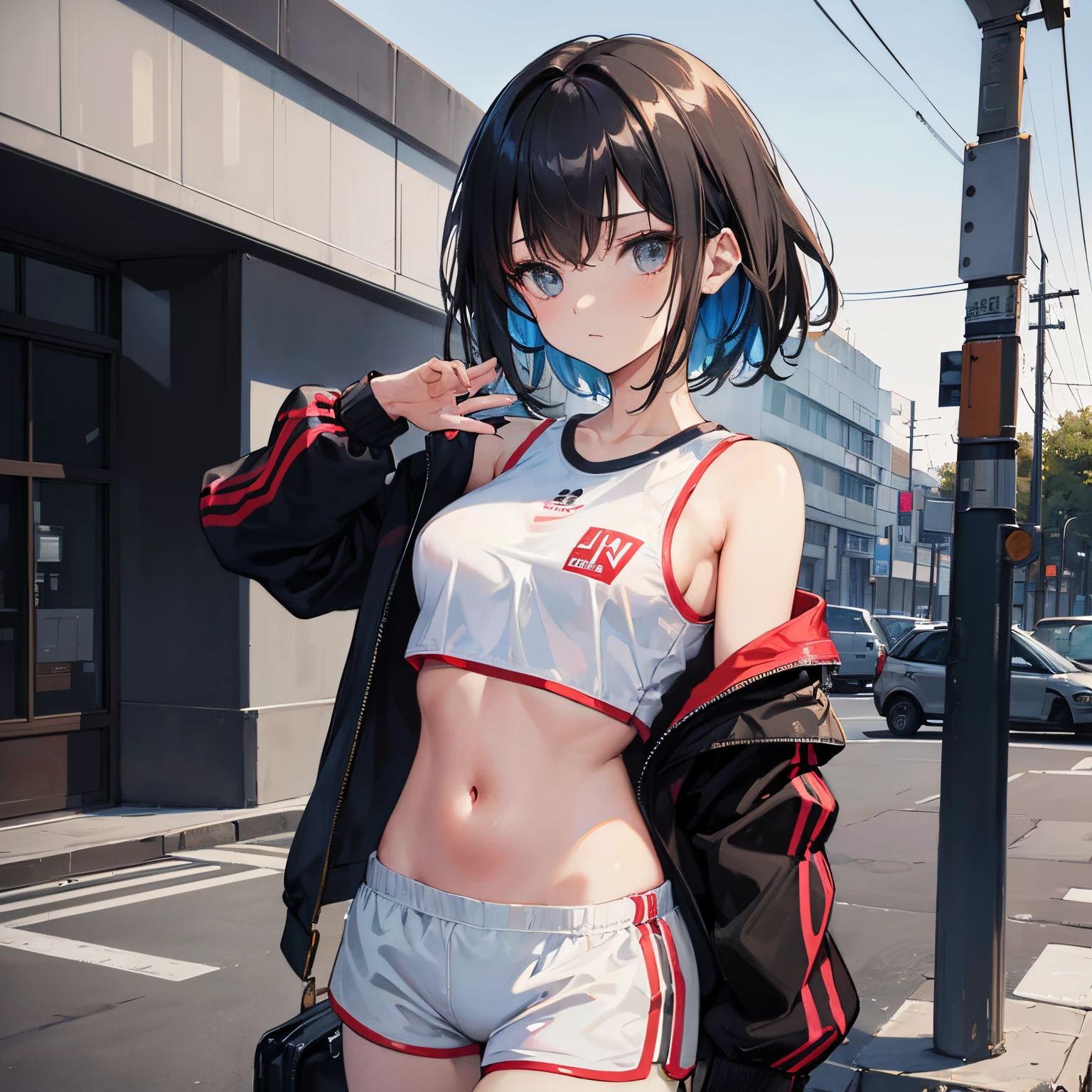 ((masutepiece)), (Highly saturated), (High Definition:1.3), (Professional Photography:1.2), (Cinematic lighting), (Realistic painting style:1.0), absurderes, comic strip, Illustration, 1 girl, Medium Hair, Cute Girl, young and cute girl, (tiny chest), (Beautiful stomach), Girl in white shirt and black shorts, wearing a track suit, croptop, trending on r/Street attire, She is seen wearing streetwear, wearing a track suit, Sportswear