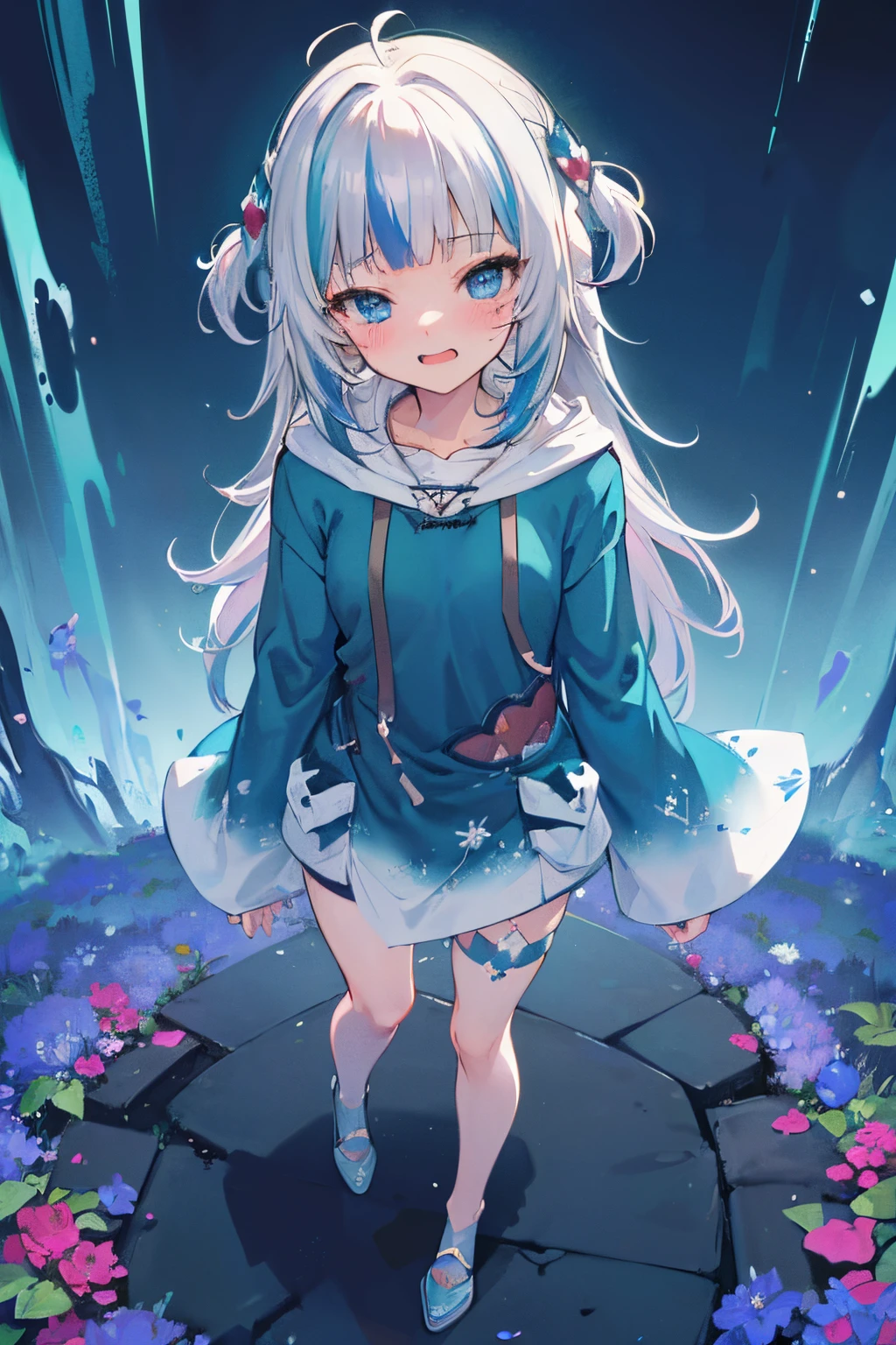 ((Gawr gura)), ((Masterpiece)), (highly saturated), from above, (High Definition:1.3), (Professional Photography:1.2), (cinematic lighting), (flat body), (flat chest), ahoge, messy hair, (blush, very naughty laugh face), (ultra detailed), 1girl, blue hoodie, exposed legs, full body, (surrounded flowers), (shining)