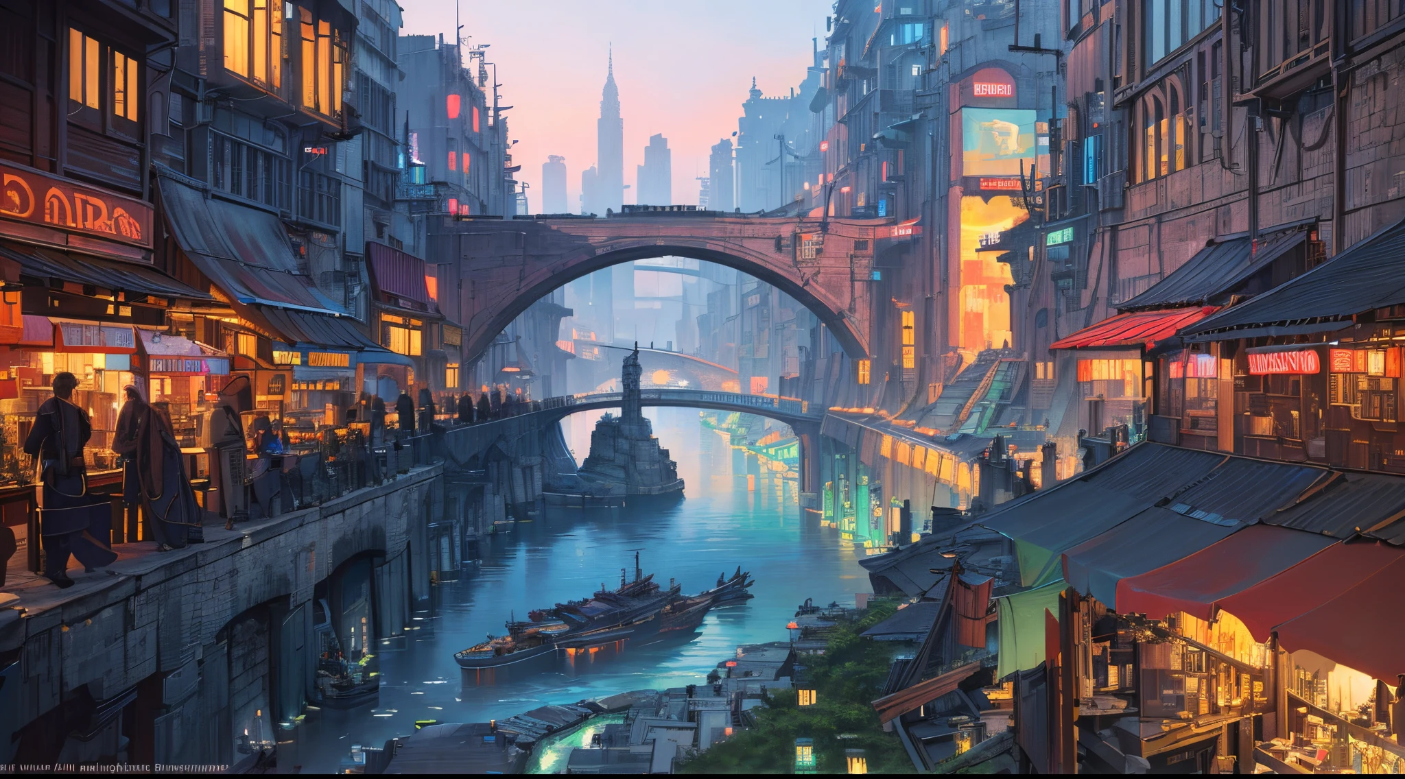 ((masterpiece)),((best quality)),((high detail)),((realistic,)) Futuristic era city, deep gorges in the middle, architectural streets, bazaars, bridges, cyberpunk, European architecture, night, neon, close view, various buildings