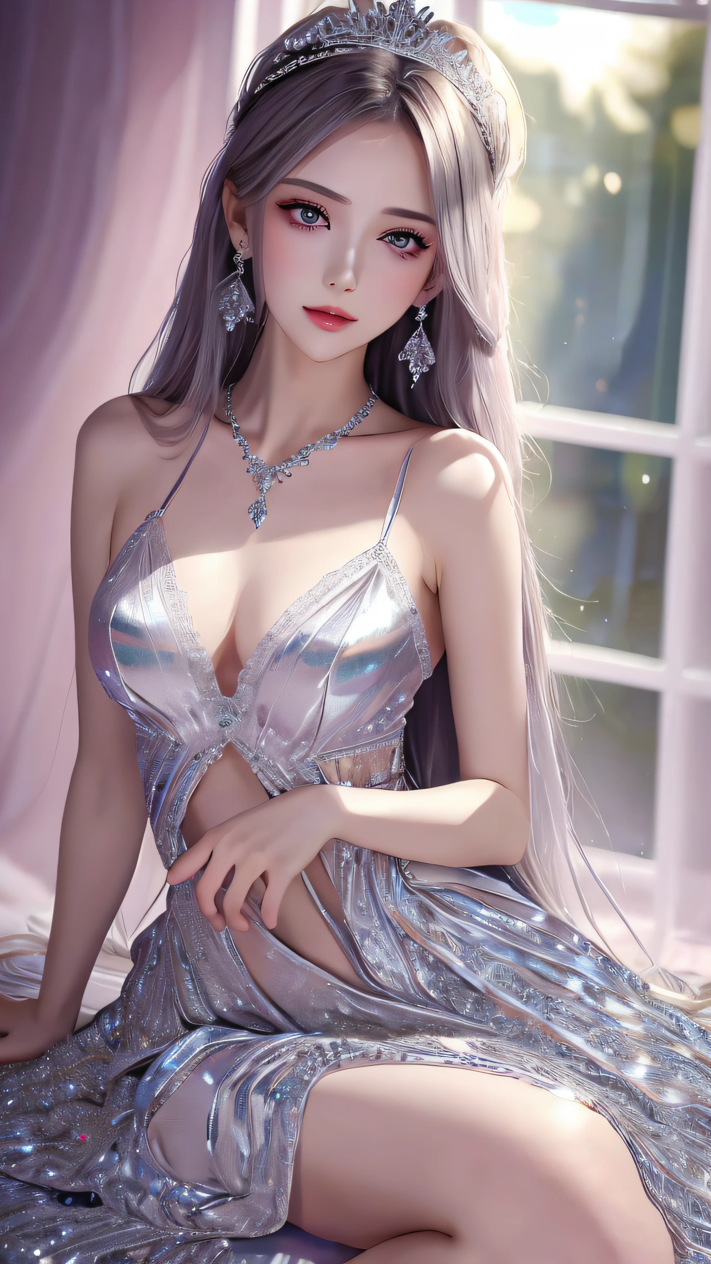 4k, ultra hd, masterpiece, 1 girl, detailed eyes, very long hair, spreading hair, hair ornaments, glossy lips, silver princess dress, lace, criss-cross strap dress, bare waist, small breasts, jwellery, earring, necklace, high lighting, dark shadow, window background, blowing iar, realistic effect, very beautiful background, crystals, sitting,