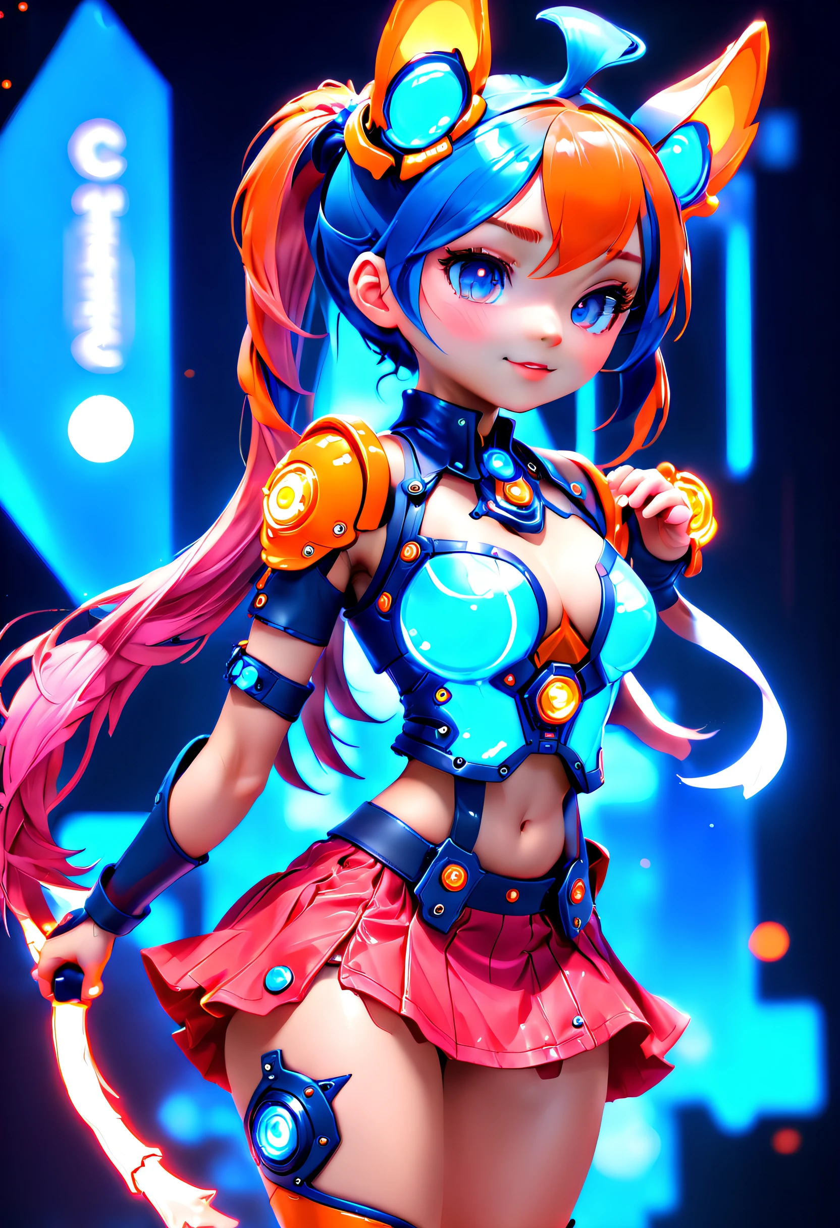 Jinx1024, Game character design，3D character rendering，(((Vector illustration style)))，League of Legends Jinx，((1girl，(Blue double ponytail: 1.5)，Blue braids，Red eyes，big laughter，future warrior，(Pink mechanical skirt: 1.3)，(A luminous magazine is tied around the waist: 1.2)，Decorated with luminous lines and rivets，With streamer effect or LED light embellishment，Hand holding laser cannon、Ion cannon or pulse cannon))，((hair design：Brilliant deep blue，Add some glowing elements，Futuristic headgear such as orange photoelectric glasses or head-mounted display))，((Expression design：Add some glowing lines or orange LED light effects to the facial decoration，Design different facial expressions，Highlight the image of future warriors))，(action design：On the move、When releasing a skill or attacking，Add some special effects and animations，Highlight the sense of future and combat)，((Special effects design：Add cool orange light effects、Electromagnetic wave effect or virtual interface，Enhance the visual impact of skin)), (((standing on your feet，Metal heels: 1.8, Glowing lines or orange LED light effect))), (full body shot of: 1.5)，jinx (league of legends)，((starryskybackground，simplebackground)), MECHA-WINGS, art by mooncryptowow, (pov, first-person view, Ghibli-like colours, Luminism, cinematic lighting, UHD, masterpiece, ccurate, anatomically correct, textured skin, super detail, high details, high quality, award winning, best quality, 16k), Pop Mart blind box, 3Drenderingof，hairy pubic