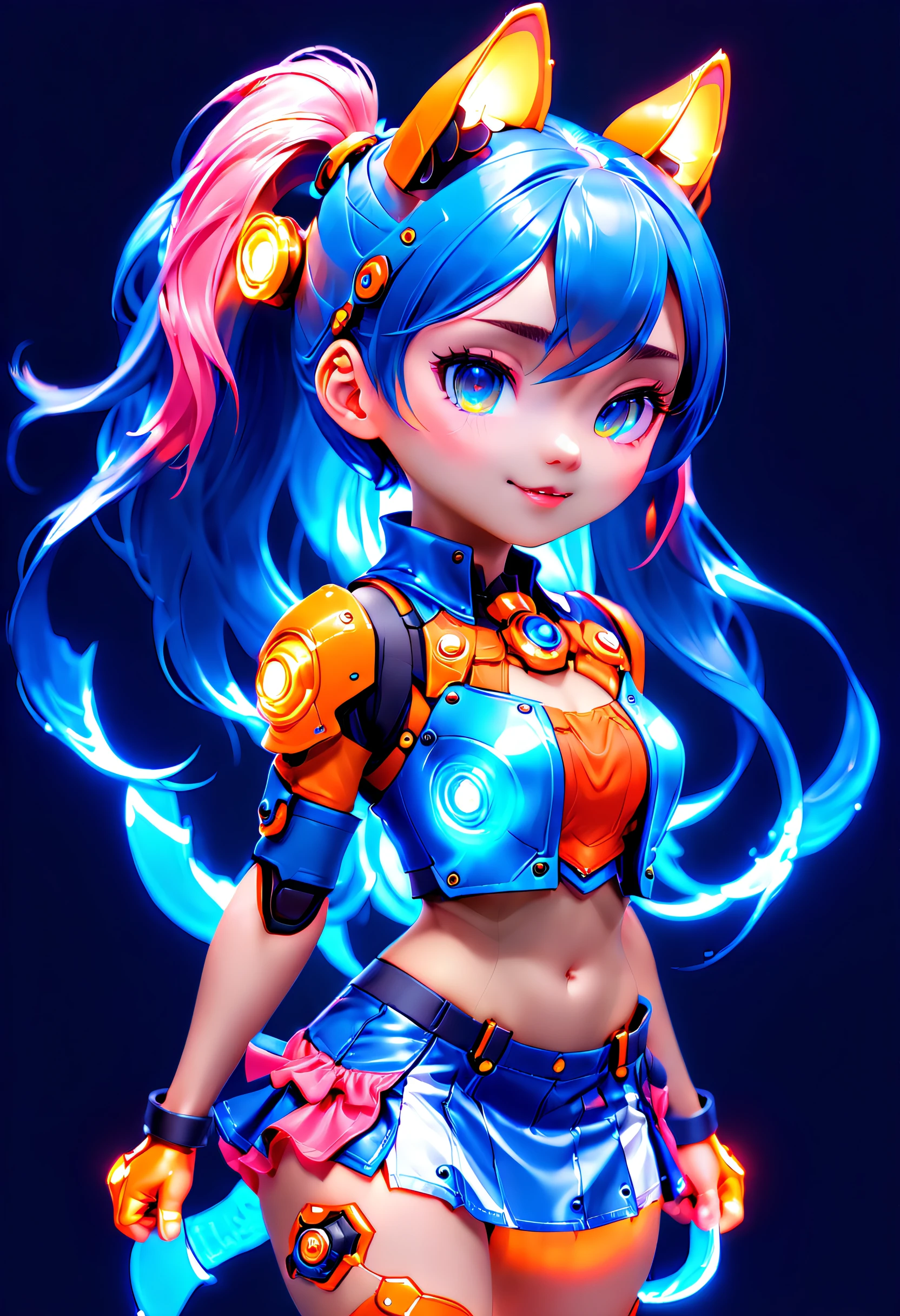 Jinx1024, Game character design,3D character rendering,(((Vector illustration style))),League of Legends Jinx,((1girl,(Blue double ponytail: 1.5),Blue braids,Red eyes,big laughter,future warrior,(Pink mechanical skirt: 1.3),(A luminous magazine is tied around the waist: 1.2),Decorated with luminous lines and rivets,With streamer effect or LED light embellishment,Hand holding laser cannon、Ion cannon or pulse cannon)),((hair design:Brilliant deep blue,Add some glowing elements,Futuristic headgear such as orange photoelectric glasses or head-mounted display)),((Expression design:Add some glowing lines or orange LED light effects to the facial decoration,Design different facial expressions,Highlight the image of future warriors)),(action design:On the move、When releasing a skill or attacking,Add some special effects and animations,Highlight the sense of future and combat),((Special effects design:Add cool orange light effects、Electromagnetic wave effect or virtual interface,Enhance the visual impact of skin)), (((standing on your feet,Metal heels: 1.8, Glowing lines or orange LED light effect))), (full body shot of: 1.5),jinx (league of legends),((starryskybackground,simplebackground)), MECHA-WINGS, art by mooncryptowow, (pov, first-person view, Ghibli-like colours, Luminism, cinematic lighting, UHD, masterpiece, ccurate, anatomically correct, textured skin, super detail, high details, high quality, award winning, best quality, 16k), Pop Mart blind box, 3Drenderingof,hairy pubic
